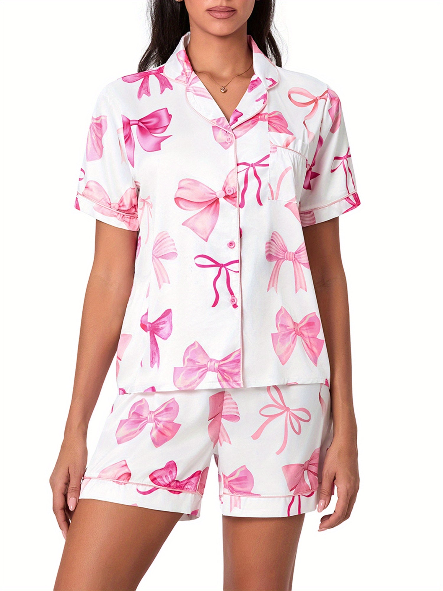 Women 2 Piece Pajamas Set Y2k Bow Print Short Sleeve Shirt Shorts Pjs Outfits Summer Lounge Sets Sleepwear