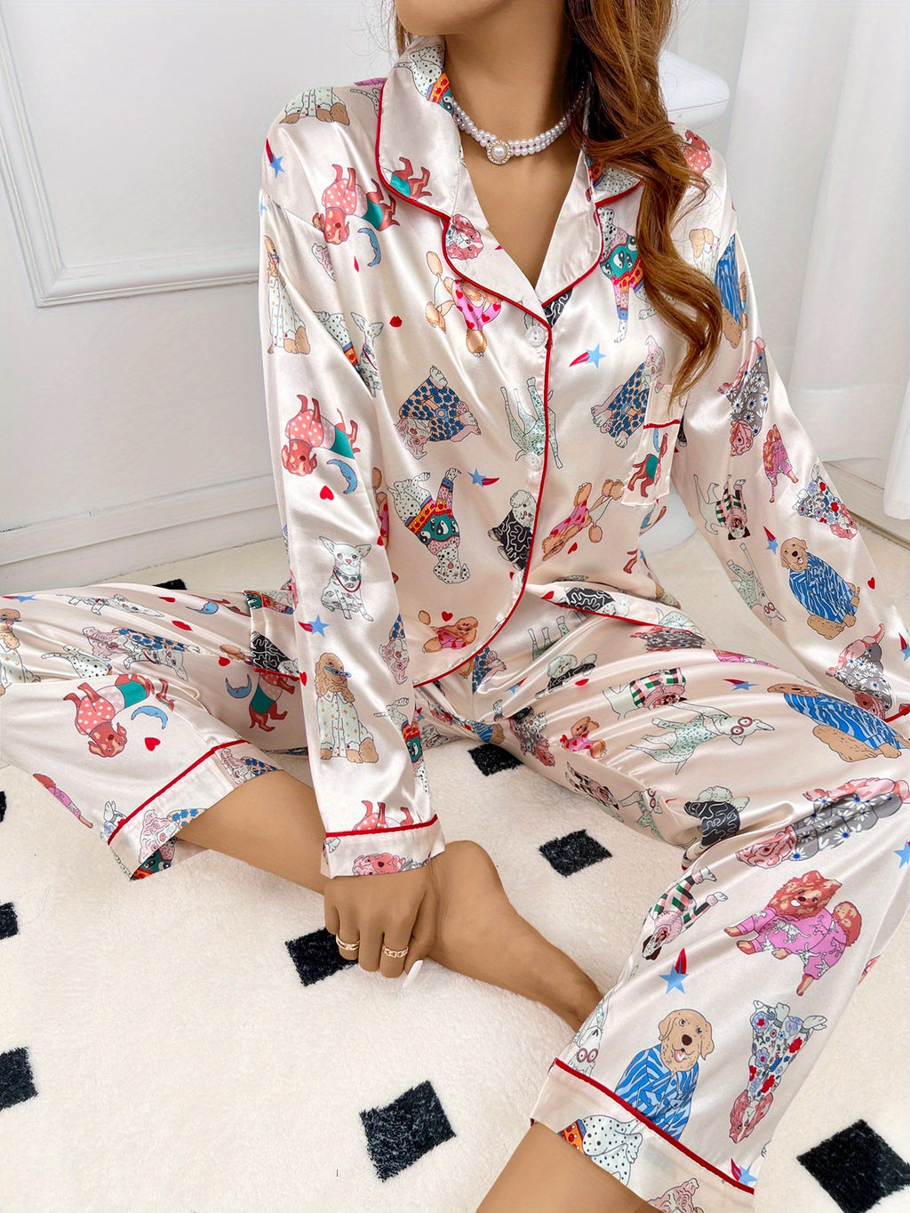 Cute puppy print imitation silk long sleeved long pants set, high-end pajamas can be worn outside