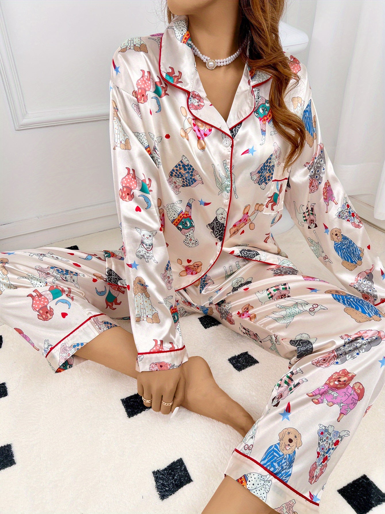 Cute puppy print imitation silk long sleeved long pants set, high-end pajamas can be worn outside