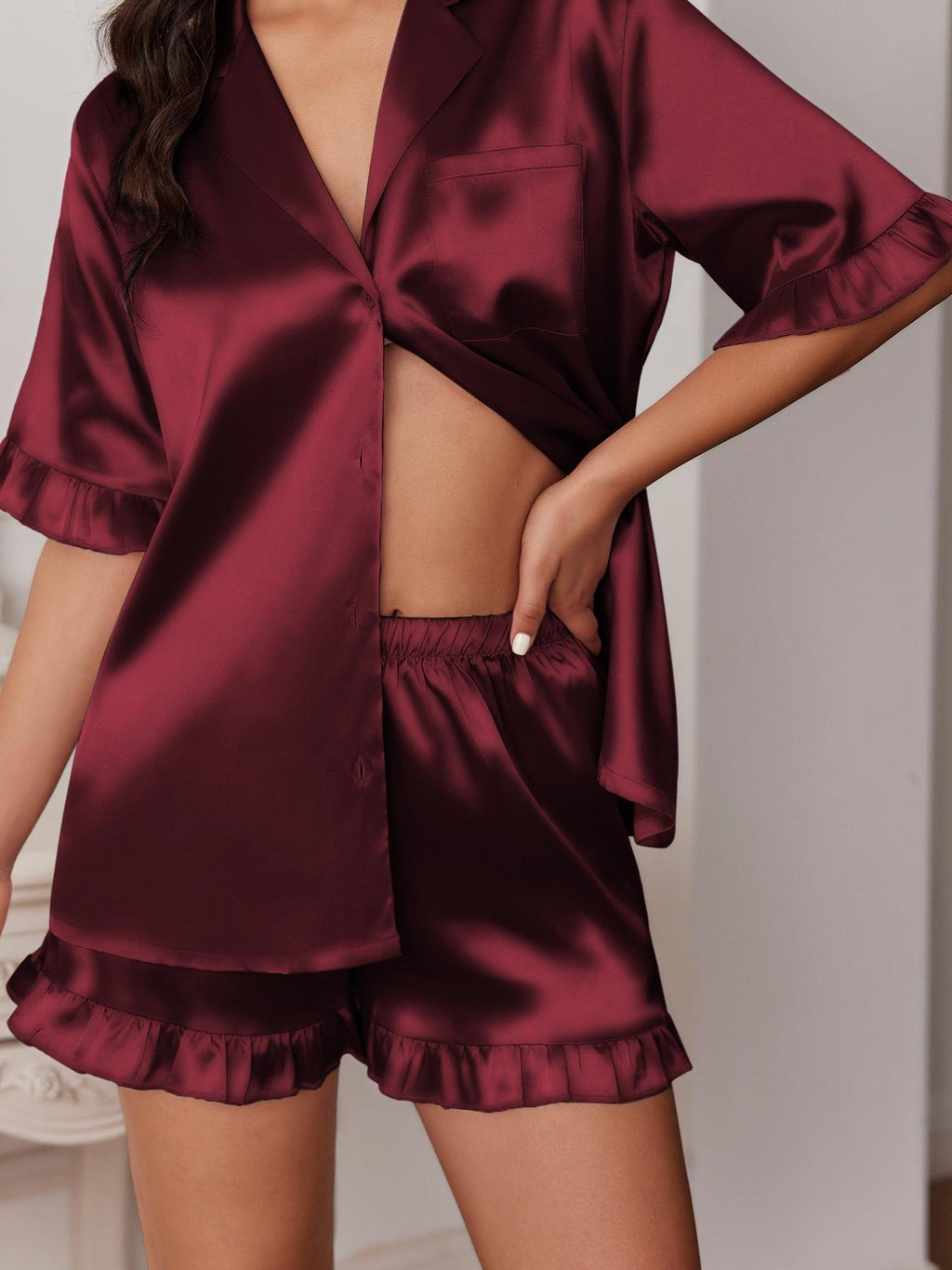 Womens Satin Pajamas Set Button Down Silk 2 Piece Pj Sets Ruffled Short Sleeve Sleepwear post partum lounge sets for women