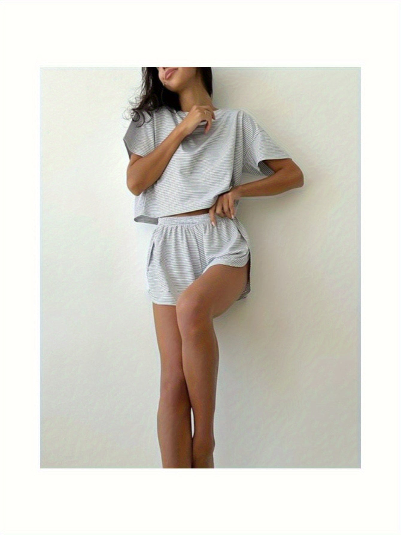 Knitted striped pajamas with loose short sleeves and slit shorts set, fashionable home clothing set, women can wear it outside