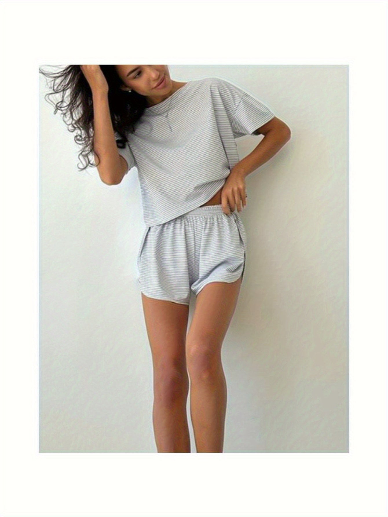 Knitted striped pajamas with loose short sleeves and slit shorts set, fashionable home clothing set, women can wear it outside