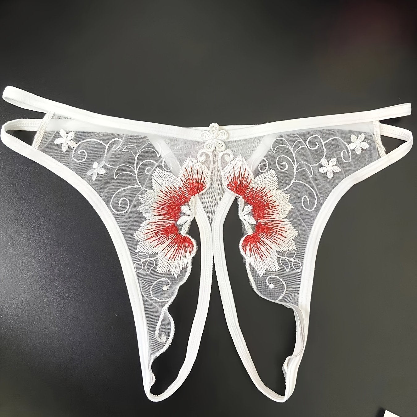 Delicate Floral Embroidered Mesh Thong Lingerie - Seductive Open Crotch & Ultra-Sheer Design - Breathable Womens Intimate Wear for Special Occasions