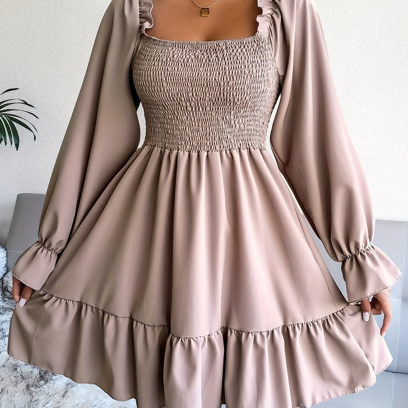 Flirty Squared Neck Ruffle Hem Dress - Feminine Shirred Detail, Timeless Solid Color, Perfect for Spring & Fall Wardrobe