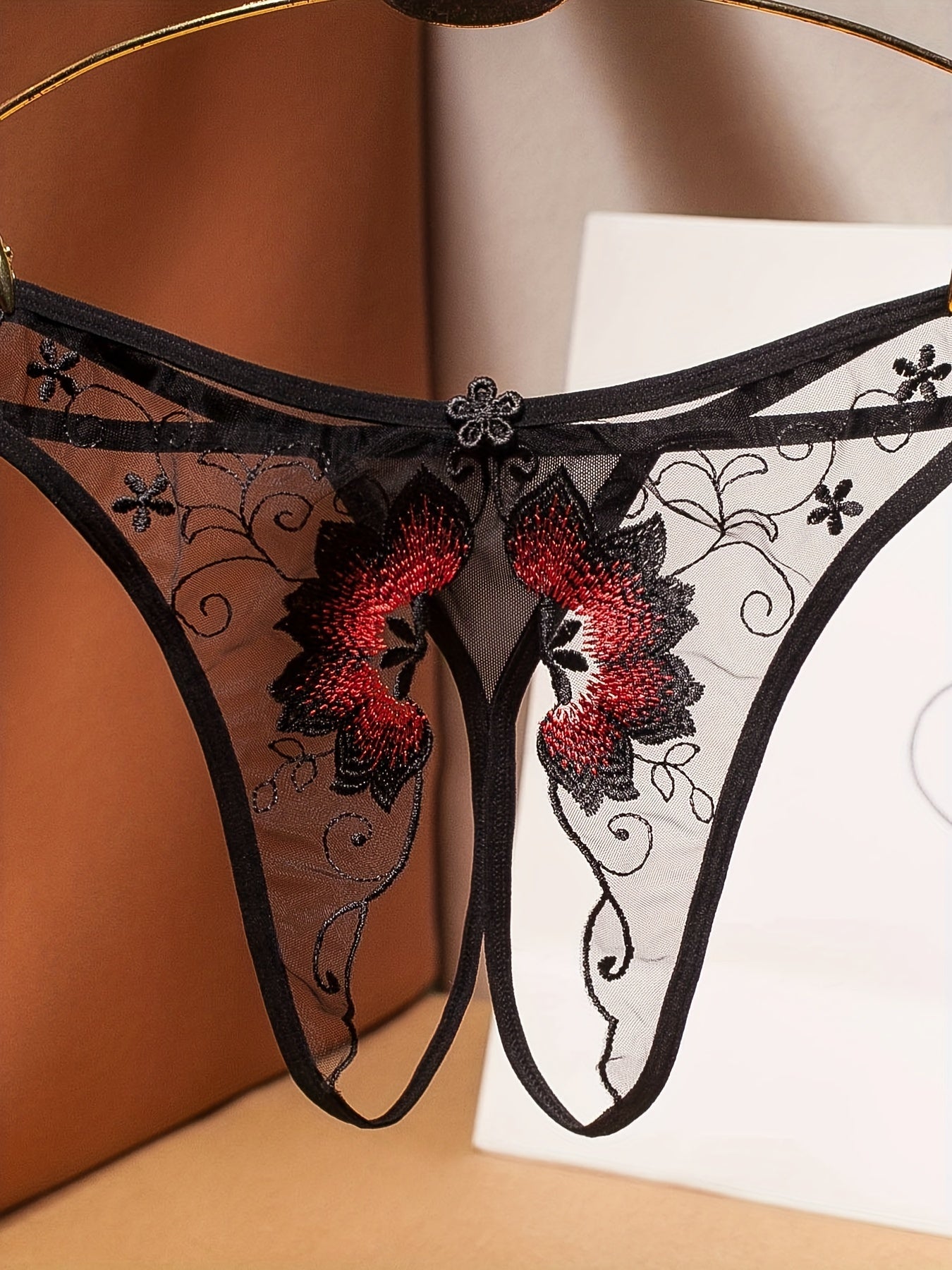 Delicate Floral Embroidered Mesh Thong Lingerie - Seductive Open Crotch & Ultra-Sheer Design - Breathable Womens Intimate Wear for Special Occasions