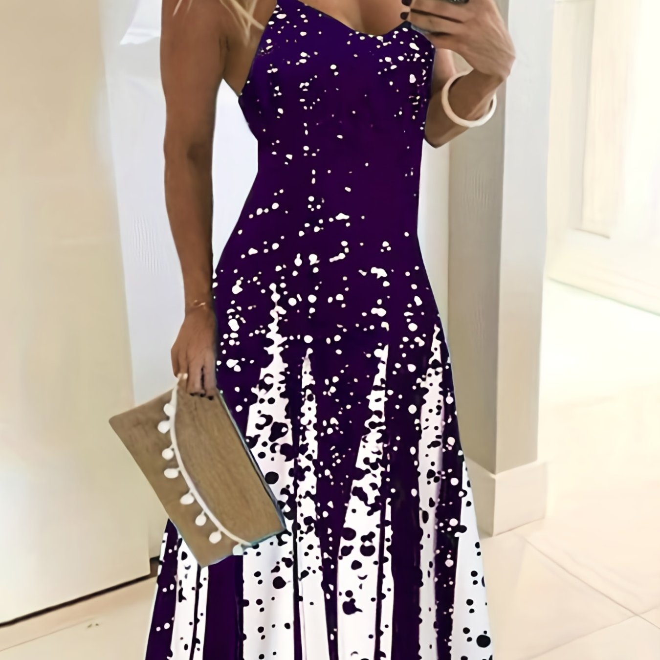 Elegant Summer Midi Dress: V-Neck, Sleeveless, Slim Waist, Color Block & Geometric Pattern for Stylish Women