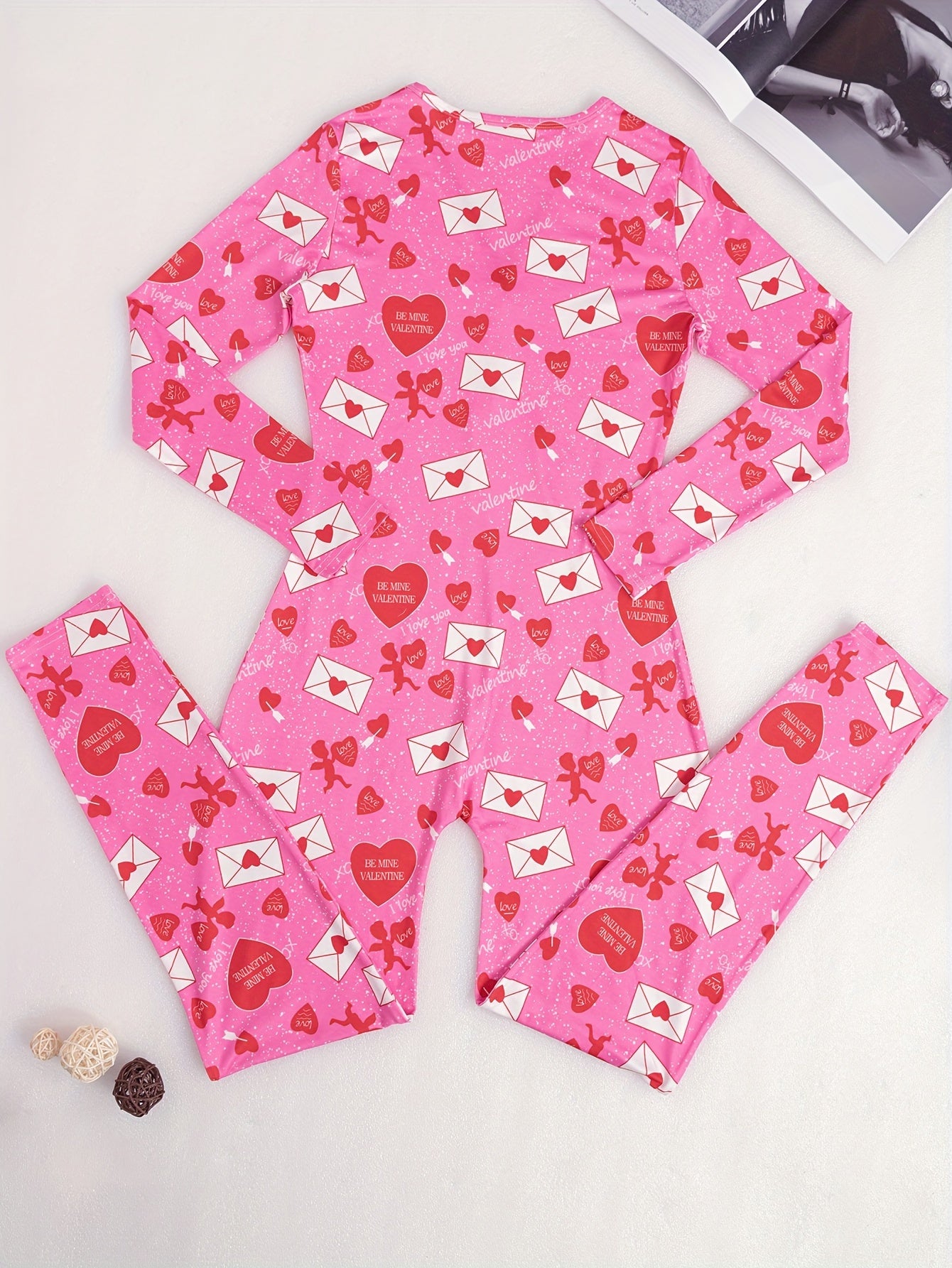 Valentine's Day Heart & Envelope & Slogan Print Jumpsuit, Long Sleeve Button Up V Neck Tapered Leg Pajamas, Women's Sleepwear & Loungewear