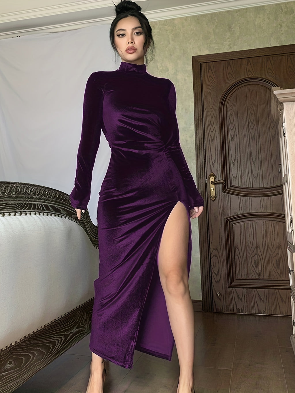 Chic Ruched Split Thigh Dress - High Collar, Long Sleeve, Solid Hue, Elegant Party Wear for Women - Fashionable & Form-Fitting