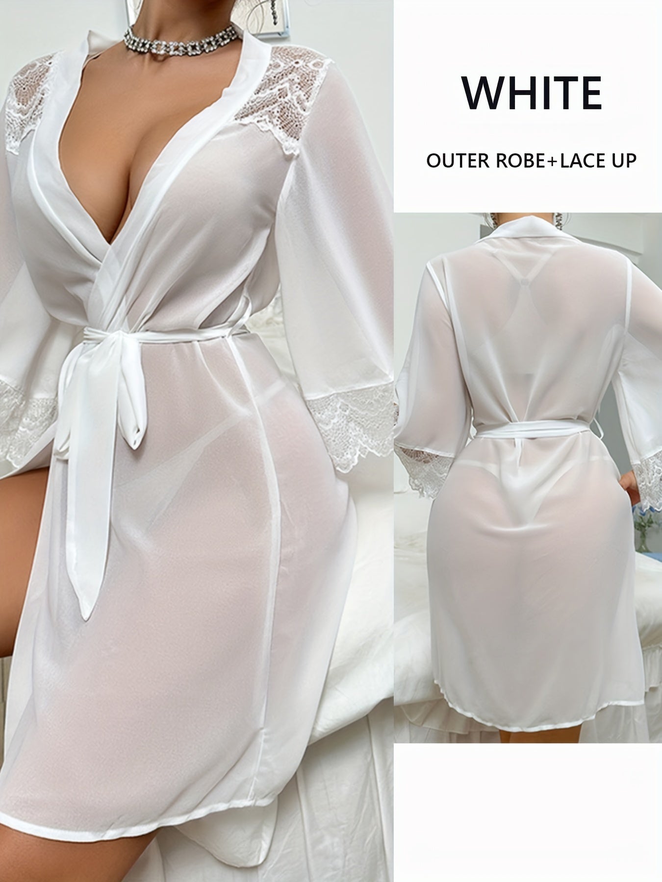 New Europe And The United States Hot Pajamas Chiffon Lace Patchwork Perspective Robe Temptation Ladies Cardigan Robe, Black, White, Red Three Colors Optional, W Robe + Belt, Suitable For Your Cardigan Gauze Robe,