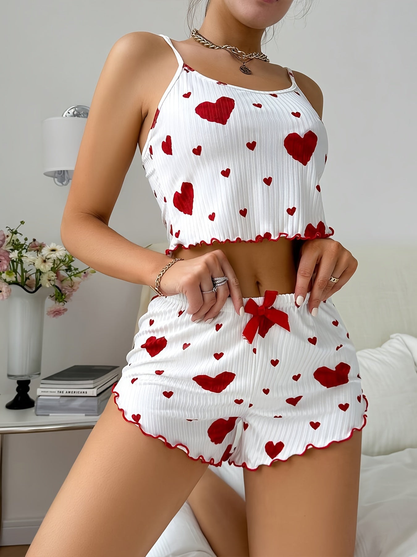 Women's Home Wear, Love Print Suspenders And Shorts, Pajamas Set, 2 Piece/set Home Pajamas Set