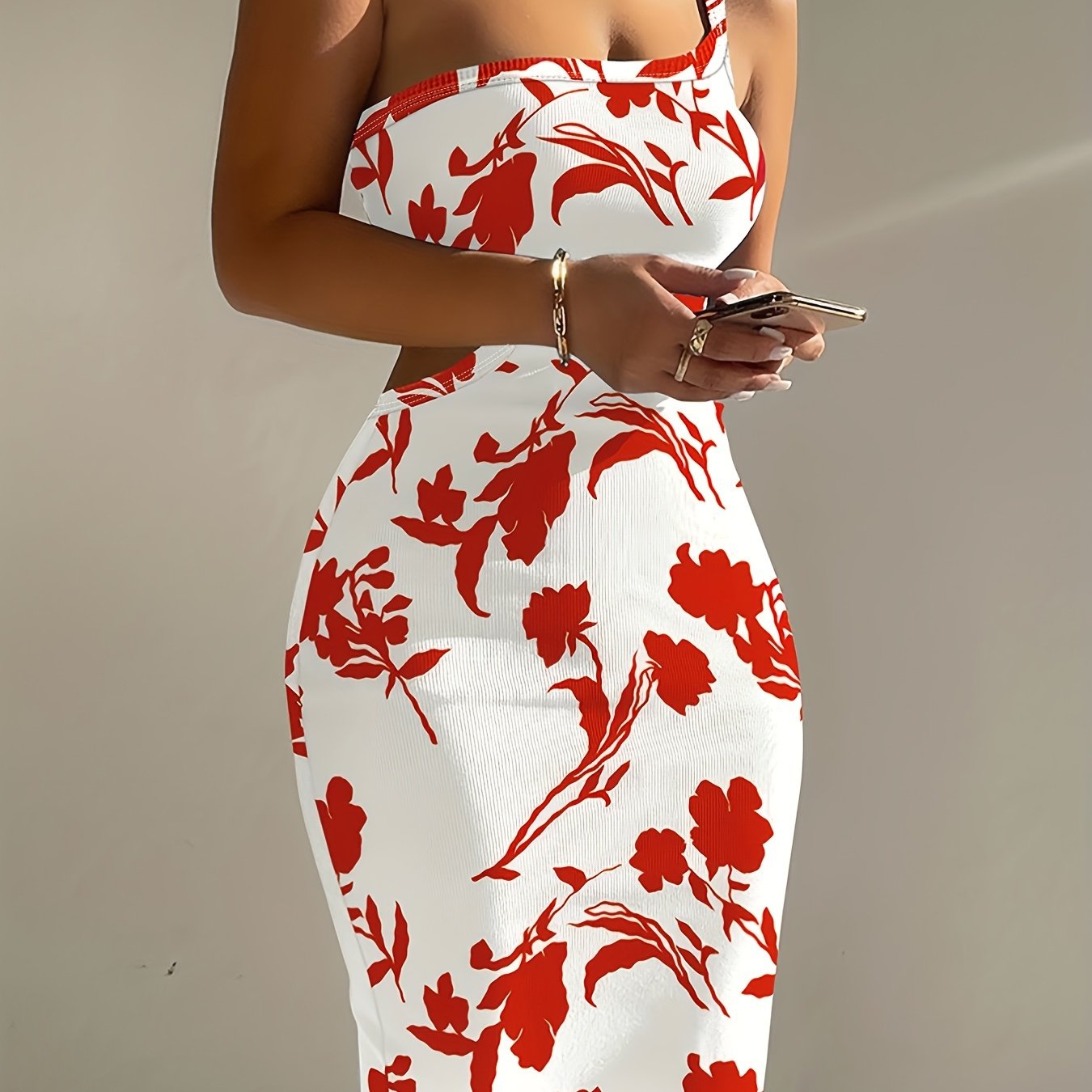 One Shoulder Ribbed Bodycon Dress, Floral Print Dress For Nightclub, Dating, Party, Women's Clothing