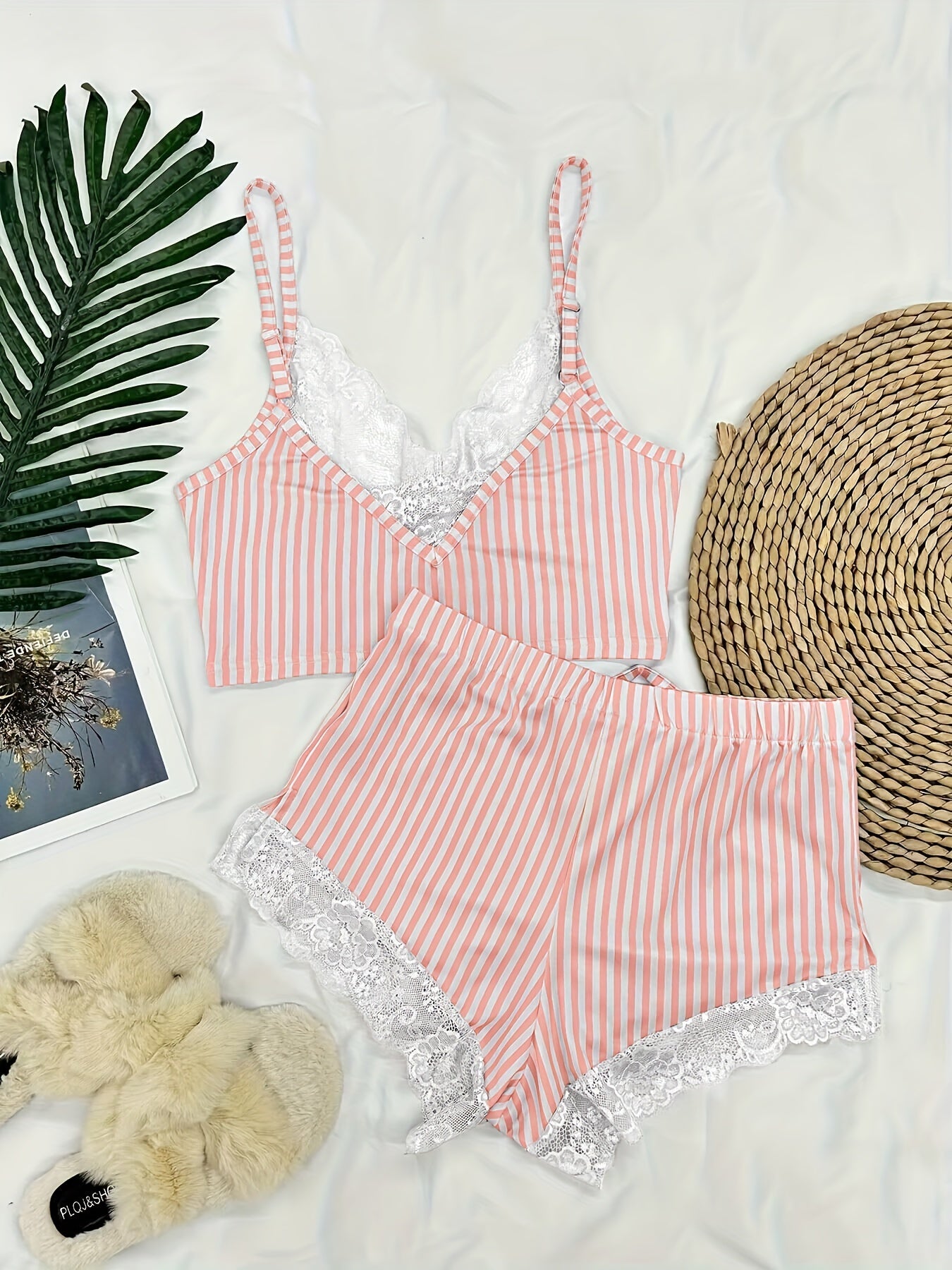 [Comfortable Pajamas] Soft and Comfortable Striped Printed Lace Splicing Double Side Opening Home Pajamas Set