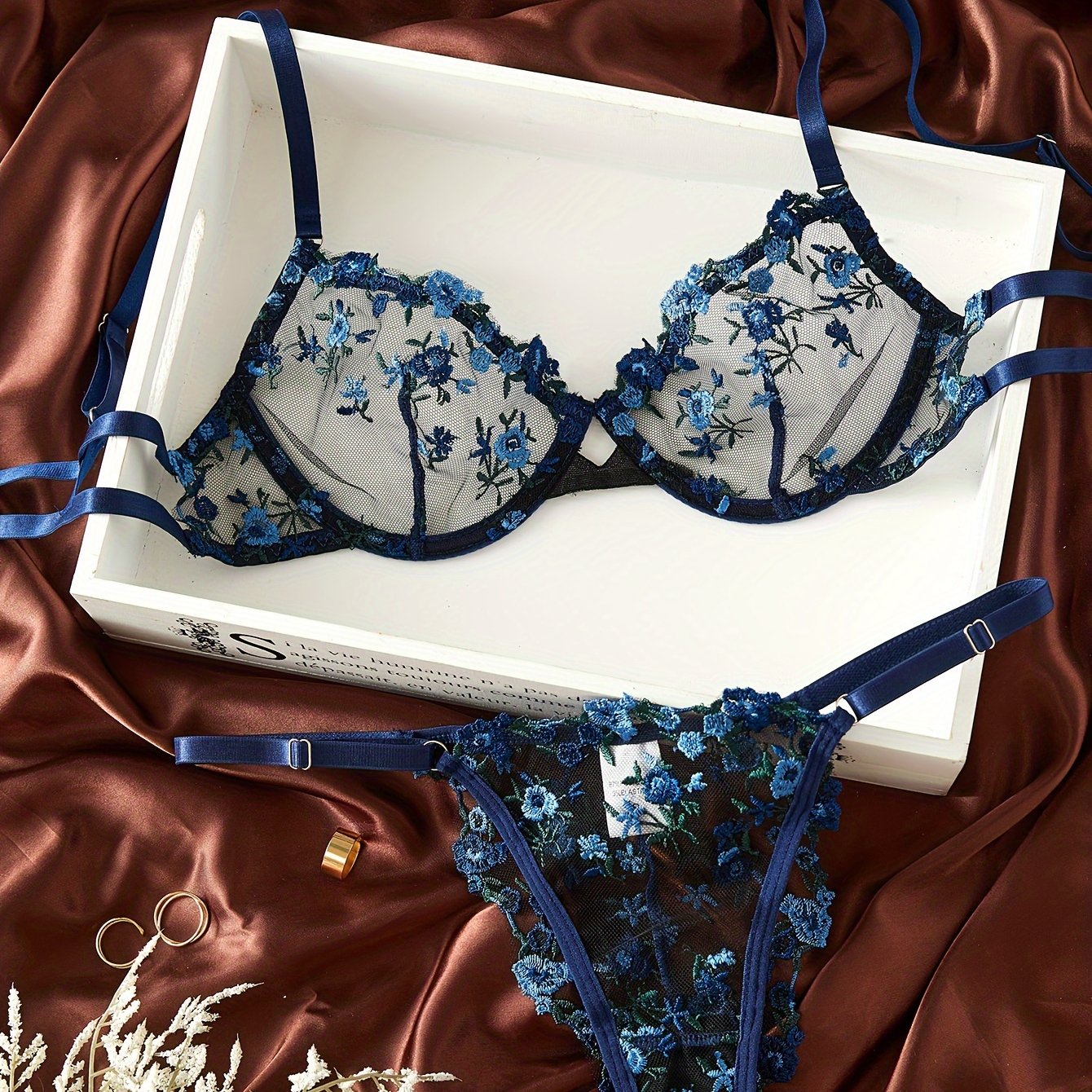 Floral Embroidery Lingerie Set, Cut Out Unlined Bra & Mesh Thong, Women's Sexy Lingerie & Underwear
