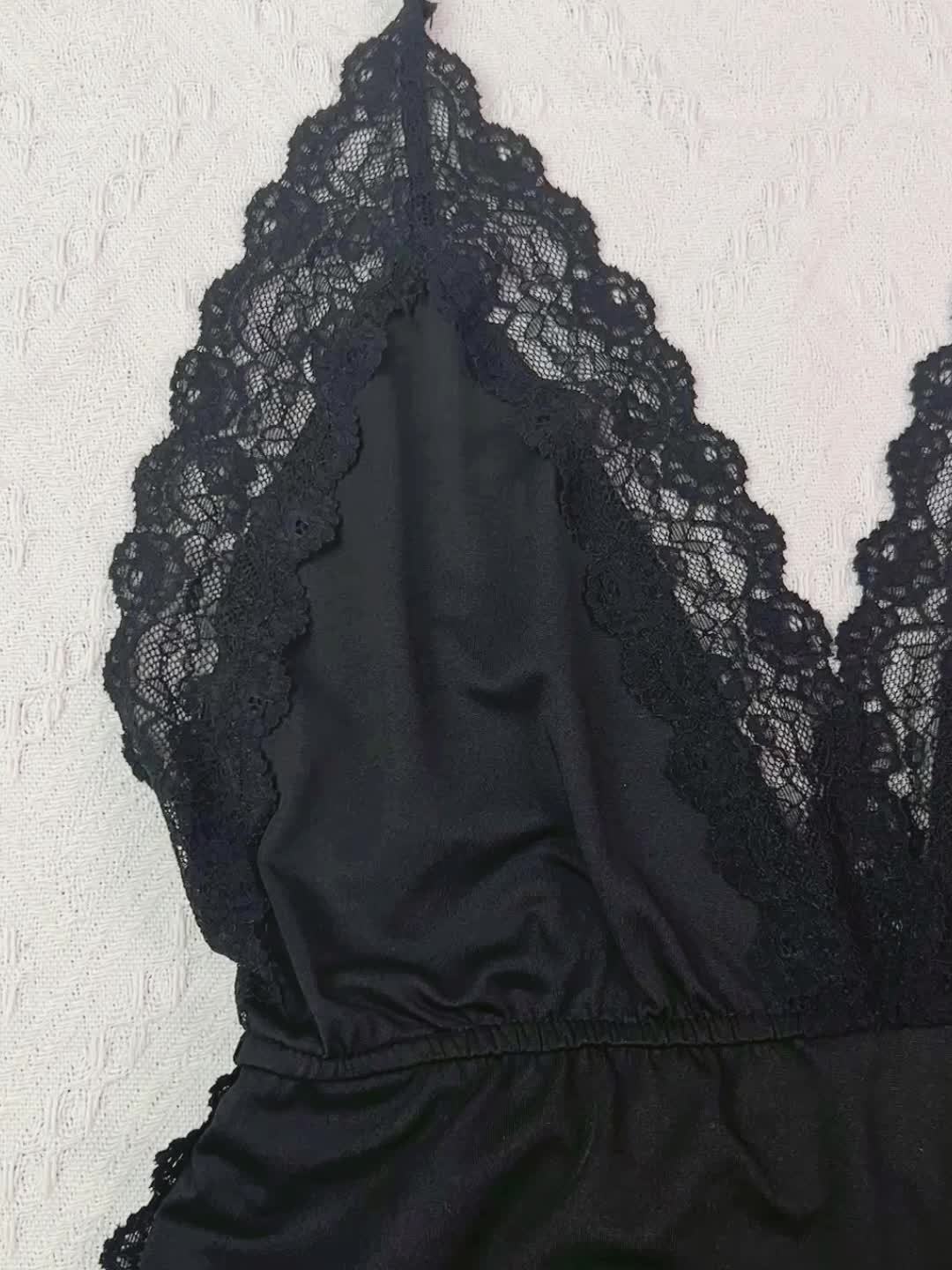 [Elegant Lace Dress] Black Lace Elegant Deep V-Neck Dress - Soft Polyester & Spandex Blend, Backless Thigh-High Strap Nightgown, Perfect for Pajamas or Evening Wear