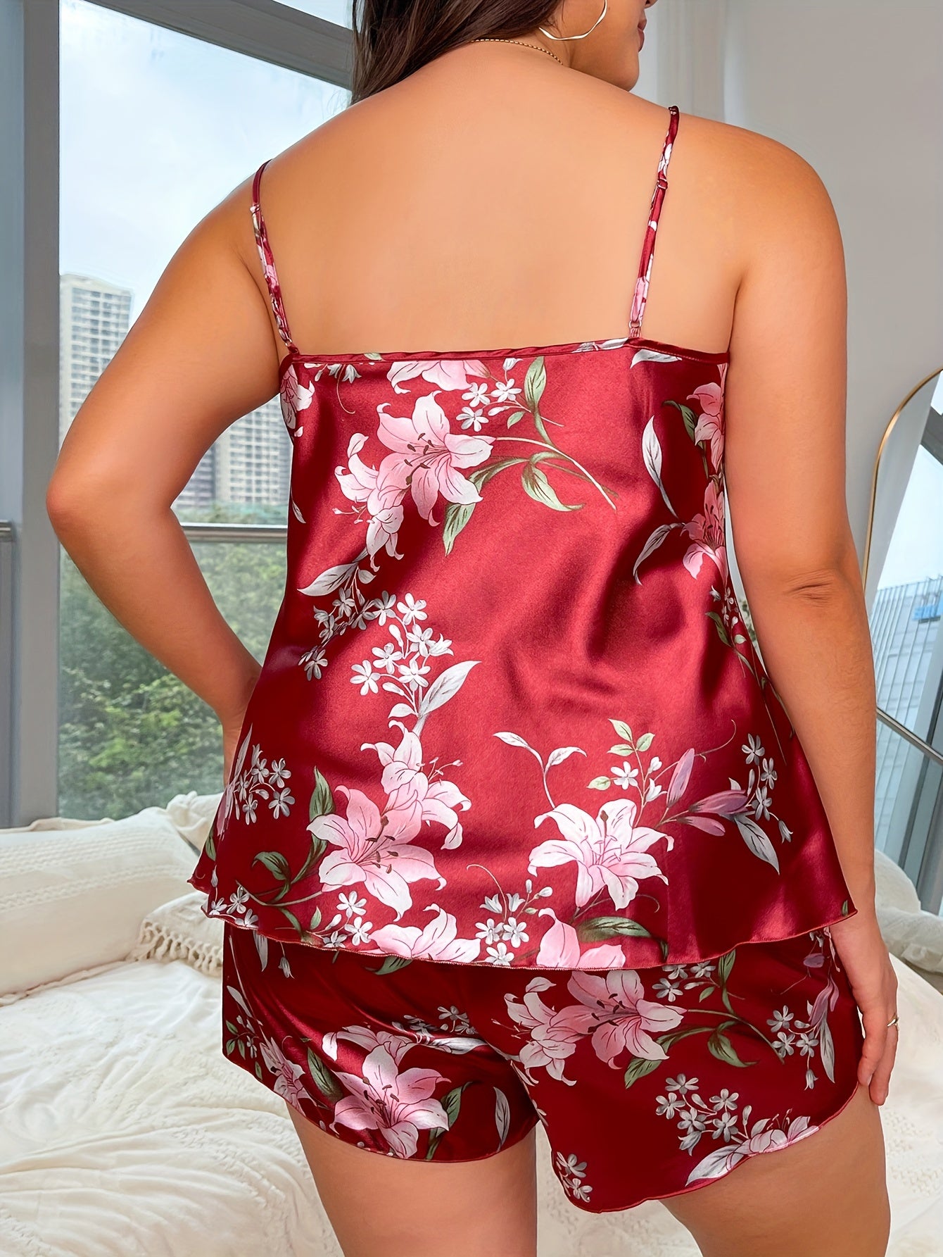 Plus Size Elegant Bathrobe Set, Women's Plus Satin Floral Print Cowl Neck Cami Top & Shorts & Contrast Binding Long Sleeve Open Front Robe Pajamas Three Piece Set