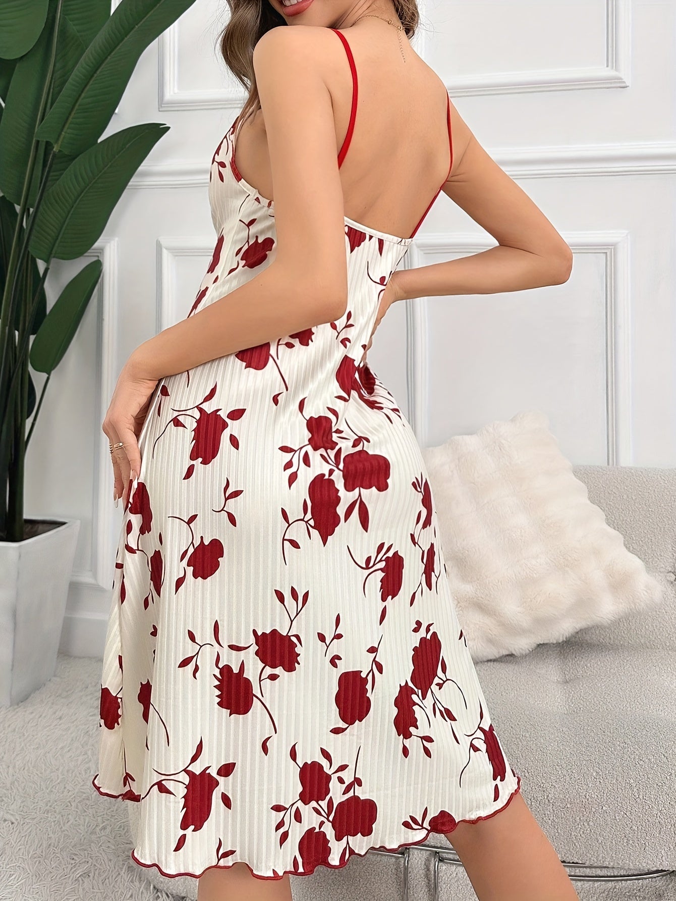 1 Pc, Alluring Casual Printed Nightdress - Sexy Suspender Skirt with Adjustable Drawstring, Comfortable Breathable Fabric, Relaxing Pajamas and Loungewear for Women