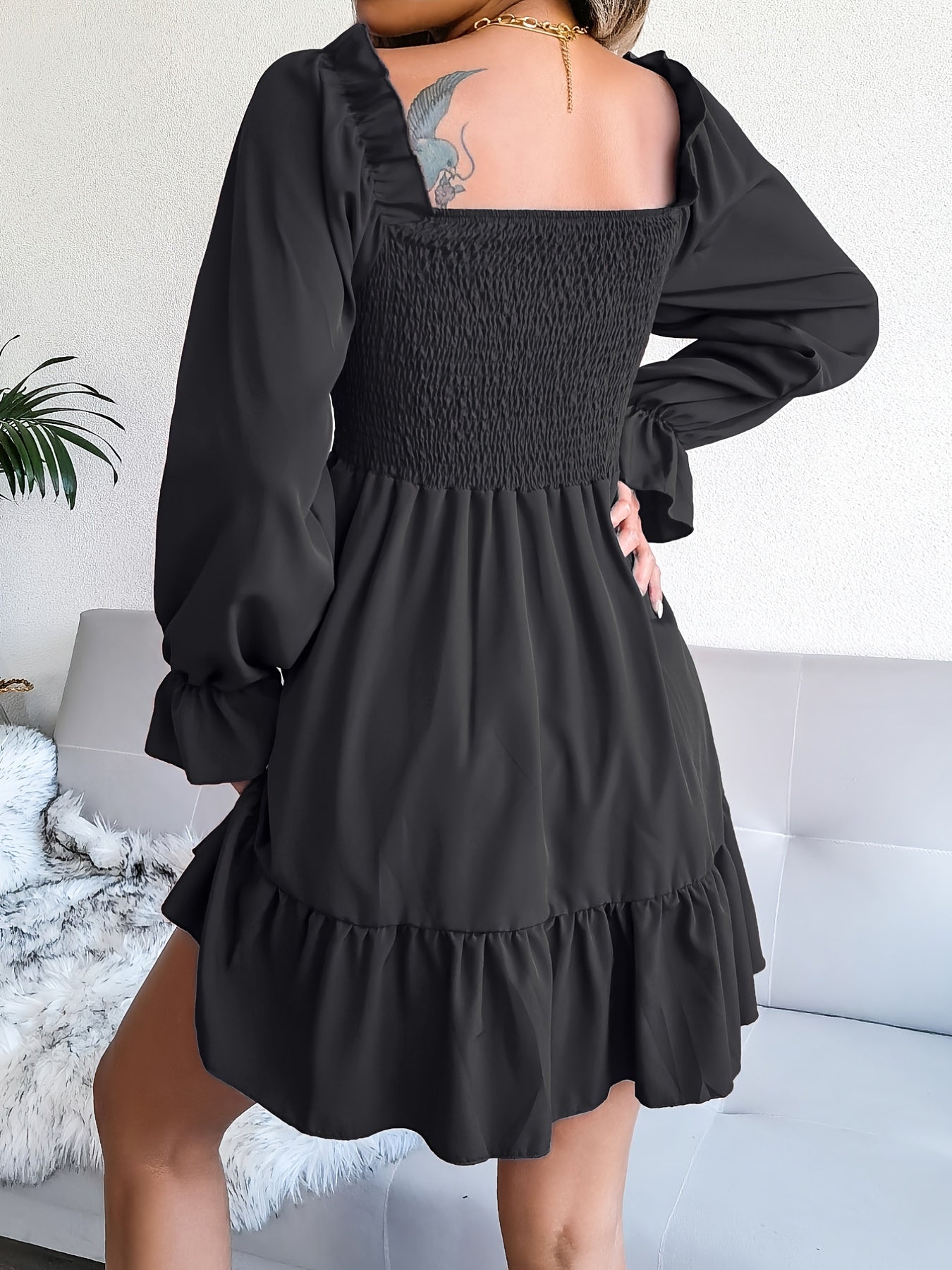 Flirty Squared Neck Ruffle Hem Dress - Feminine Shirred Detail, Timeless Solid Color, Perfect for Spring & Fall Wardrobe