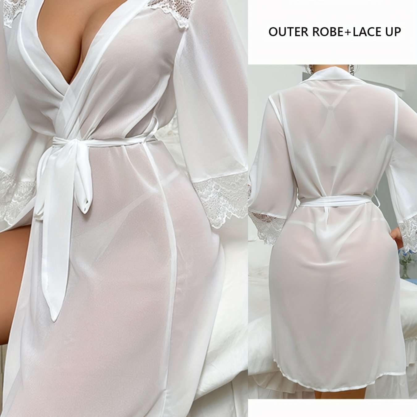New Europe And The United States Hot Pajamas Chiffon Lace Patchwork Perspective Robe Temptation Ladies Cardigan Robe, Black, White, Red Three Colors Optional, W Robe + Belt, Suitable For Your Cardigan Gauze Robe,