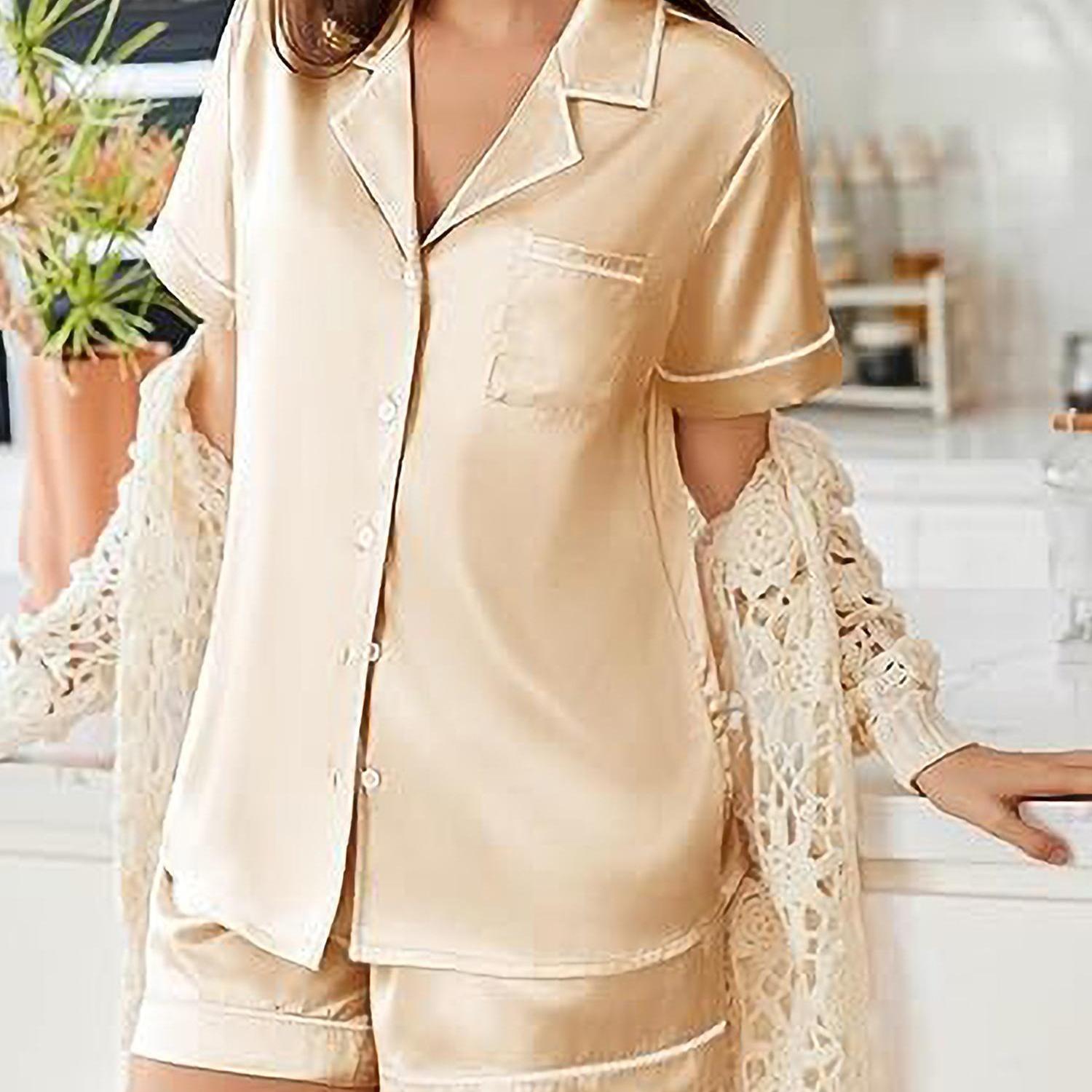 Womens Satin Pajamas Set Short Sleeve Sleepwear Button Down Top and Shorts Loungewear 2pcs Pjs Set casual summer outfits for women high quality sleep set wedding party honeymoon vacation