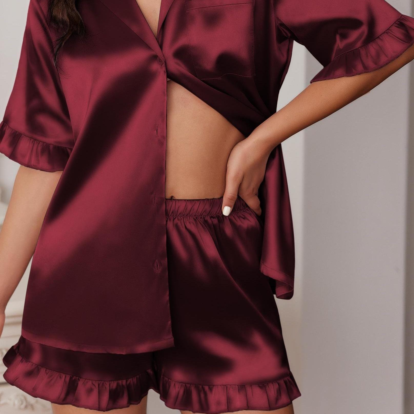 Womens Satin Pajamas Set Button Down Silk 2 Piece Pj Sets Ruffled Short Sleeve Sleepwear post partum lounge sets for women
