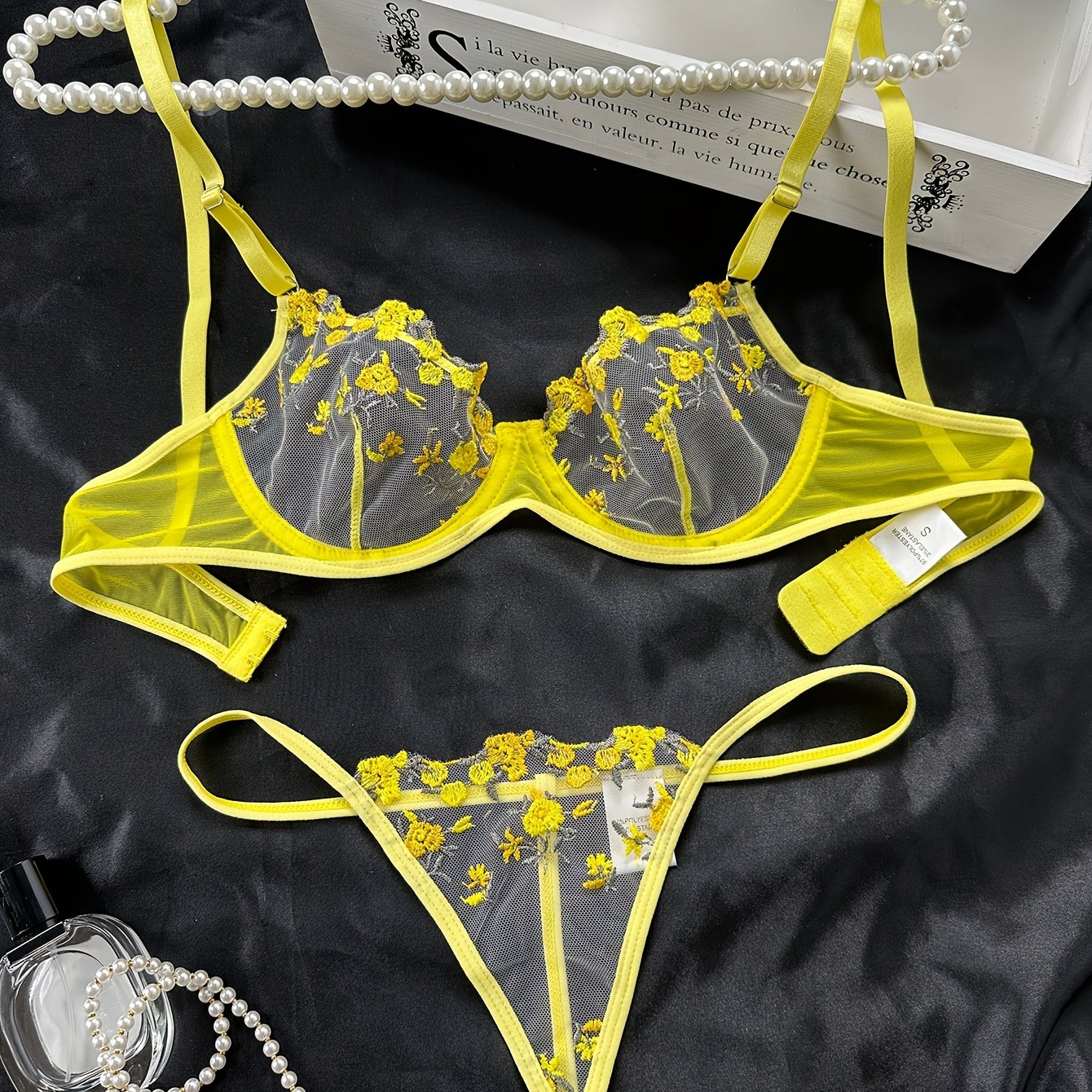 Romantic Floral Embroidered Lingerie Set - Lightweight Sheer Bra & Seductive Mesh Thong - Unlined, Feminine & Sexy Underwear for Women