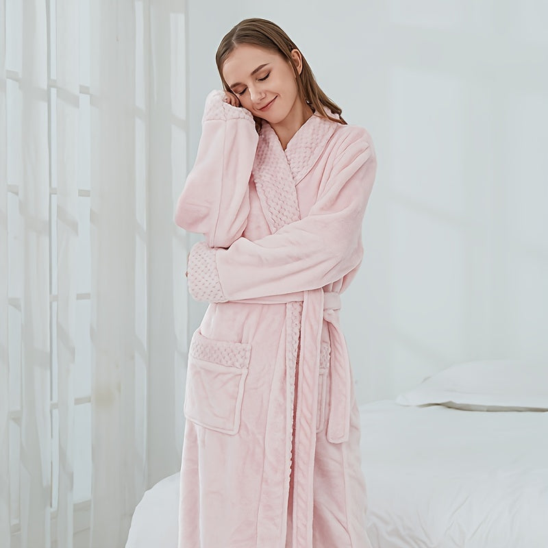 1pc Autumn Winter Flannel Bathrobe, Soft And Skin-friendly Pajamas, Thickened Unisex Nightgown, Warm Long Robe Sleepwear For Home, Bathroom Supplies, Bathroom Accessory