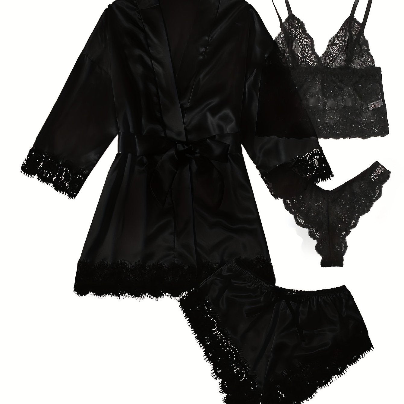 Women' Silk Satin Pajamas Set 4pcs Lingerie Floral Lace Cami Sleepwear with Robe
