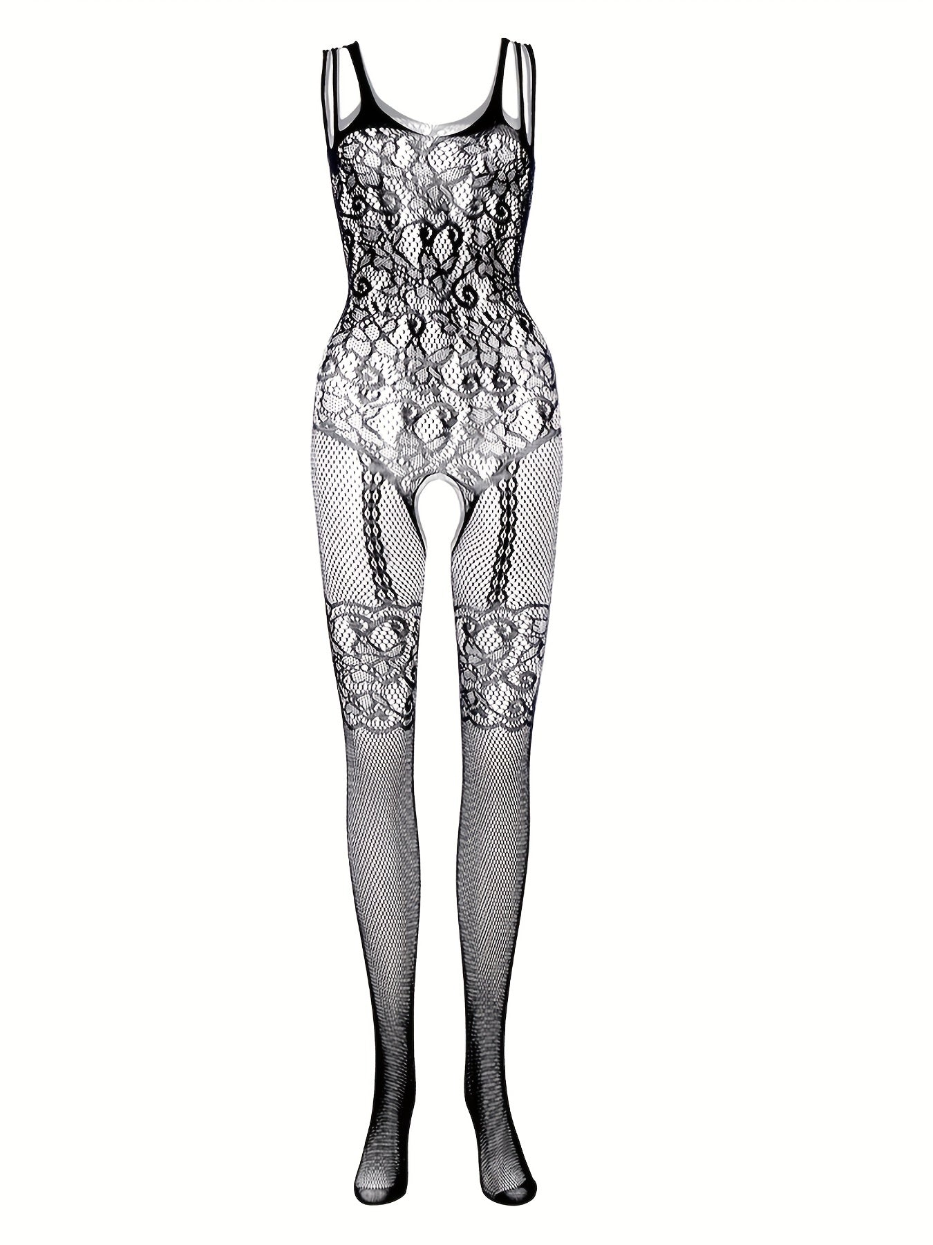Jacquard Fishnet Bodystocking, Erotic Cut Out Sleeveless Open Crotch Bodystocking, Women's Sexy Lingerie & Underwear