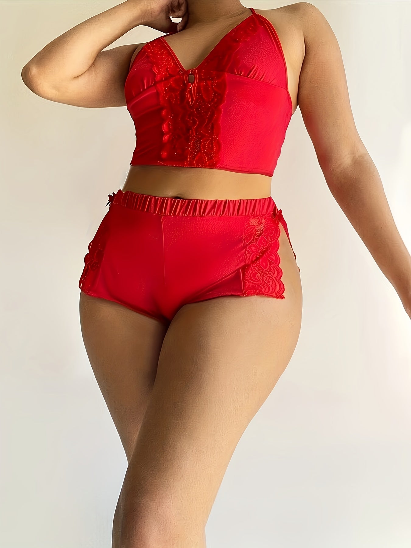 Solid Color Lace Splicing Halter Neck Tie Backless Button Splicing Bilateral Side Opening Lace Splicing Soft Light Beige-friendly Sexy Home Pajamas Set