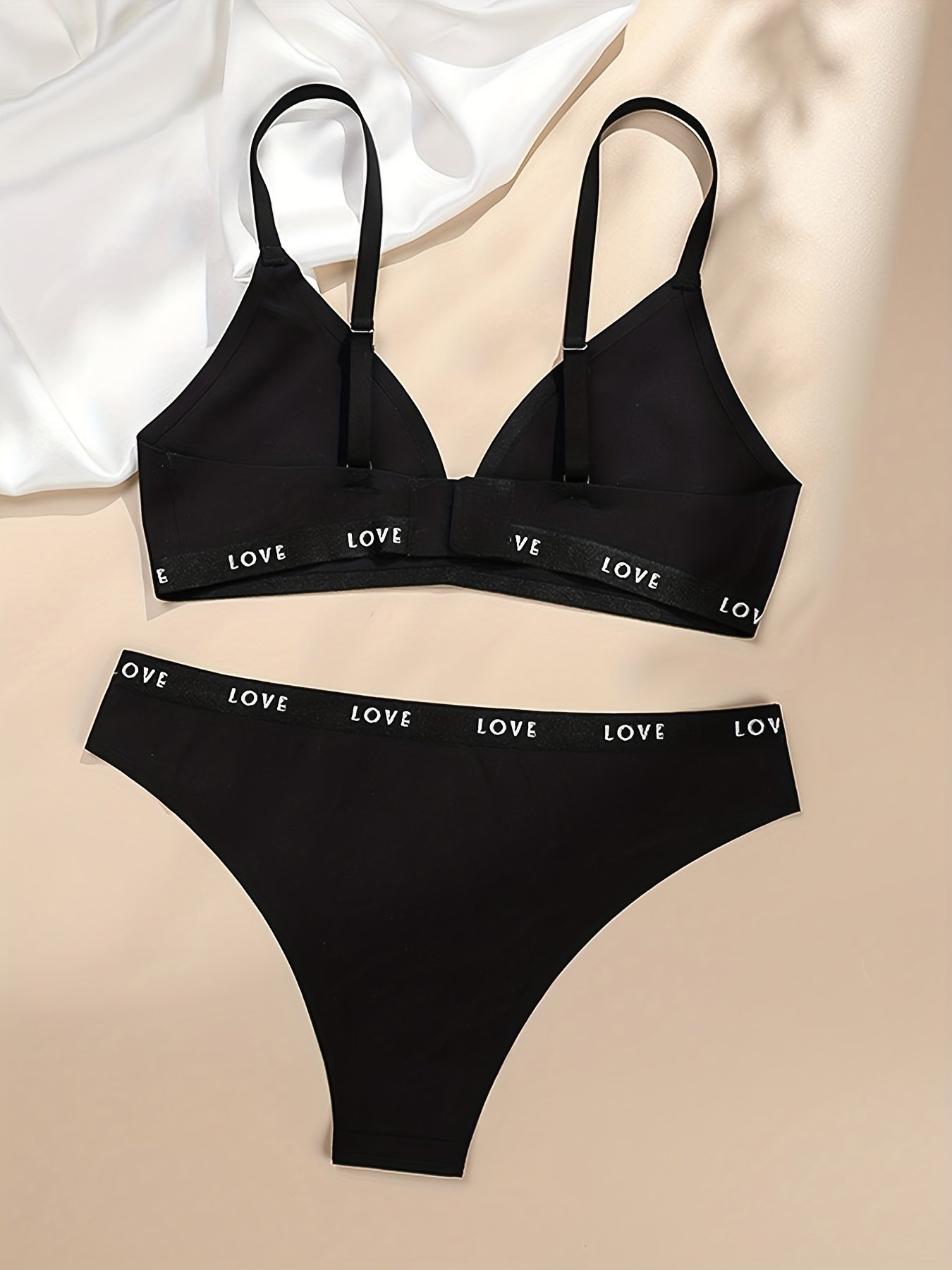Letter Print Bra & Panties, Triangle Cups Plunge Bra & Seamless Panties Lingerie Set, Women's Lingerie & Underwear