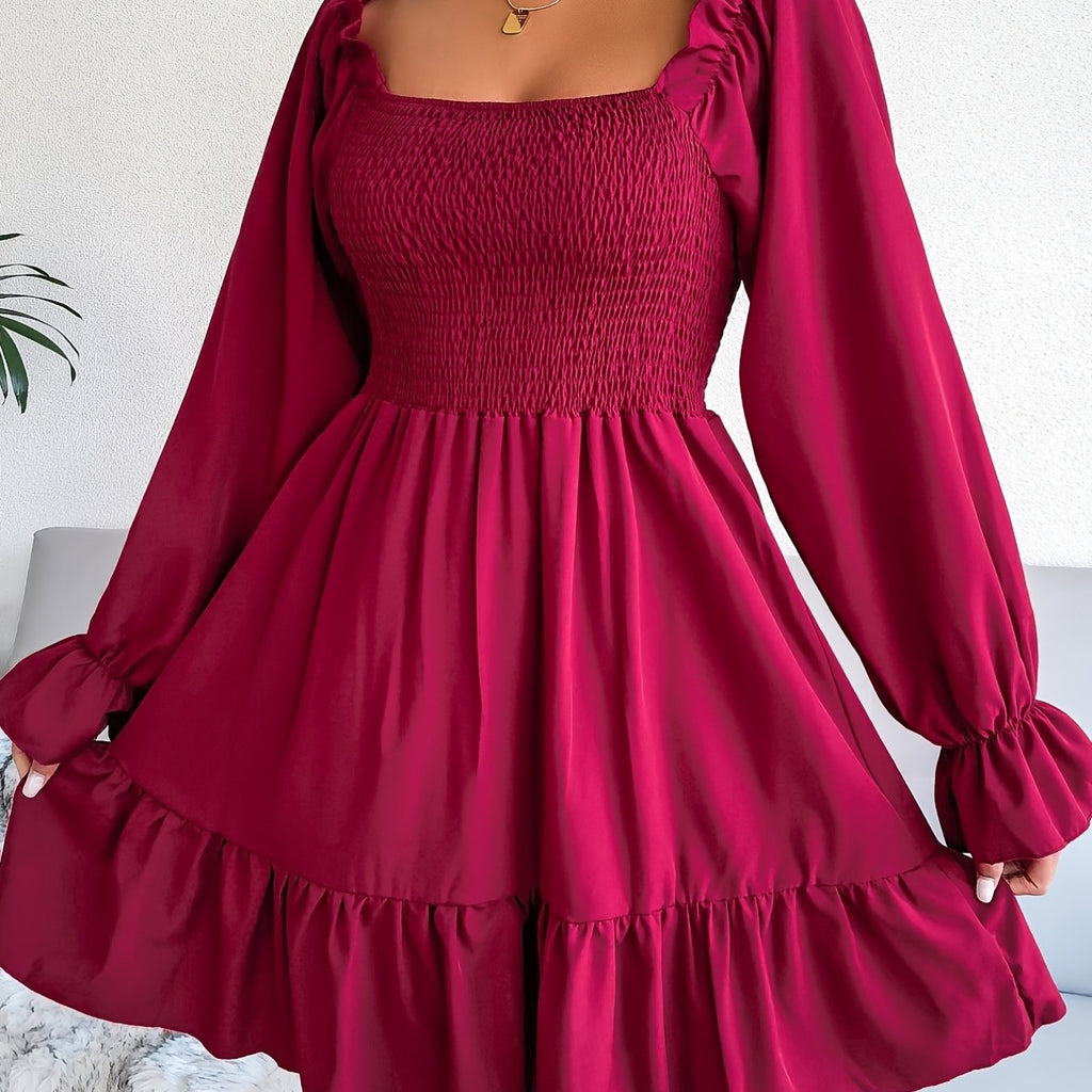 Flirty Squared Neck Ruffle Hem Dress - Feminine Shirred Detail, Timeless Solid Color, Perfect for Spring & Fall Wardrobe