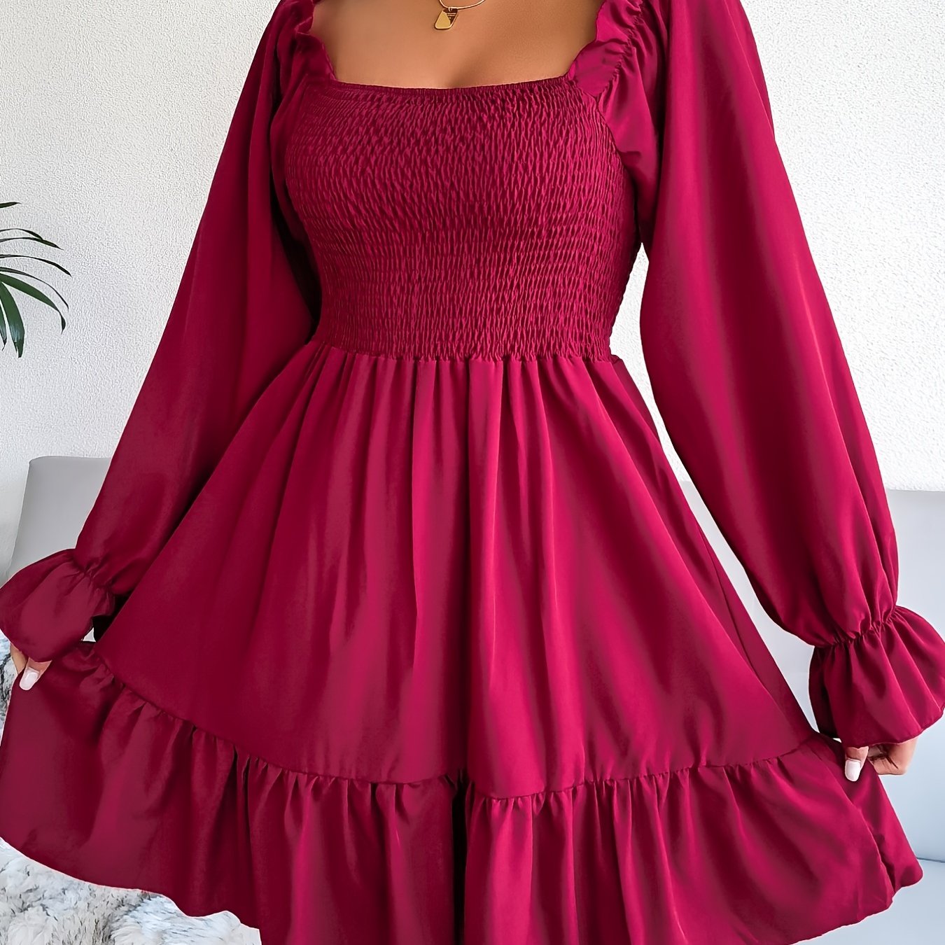 Flirty Squared Neck Ruffle Hem Dress - Feminine Shirred Detail, Timeless Solid Color, Perfect for Spring & Fall Wardrobe