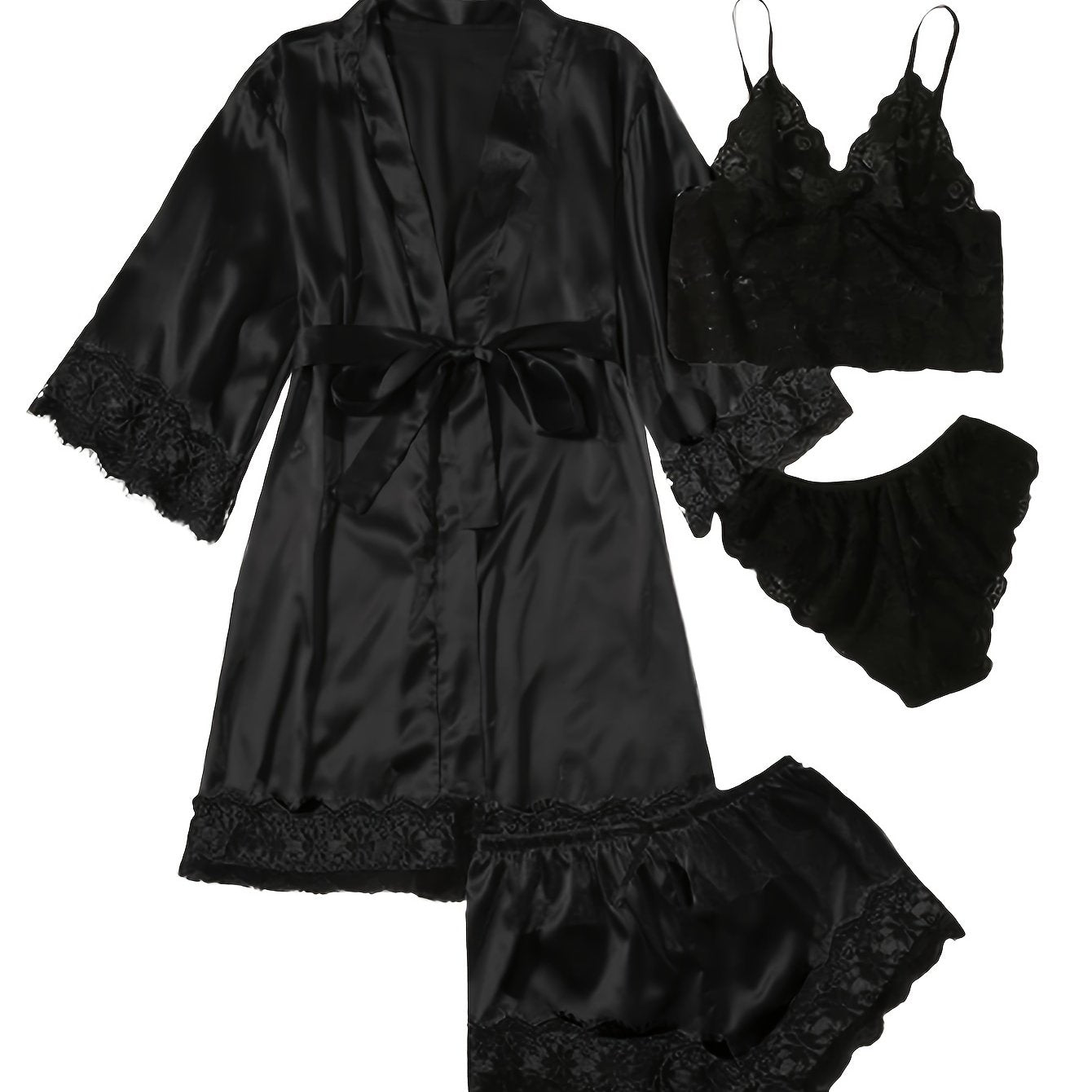 Women' Silk Satin Pajamas Set 4pcs Lingerie Floral Lace Cami Sleepwear with Robe