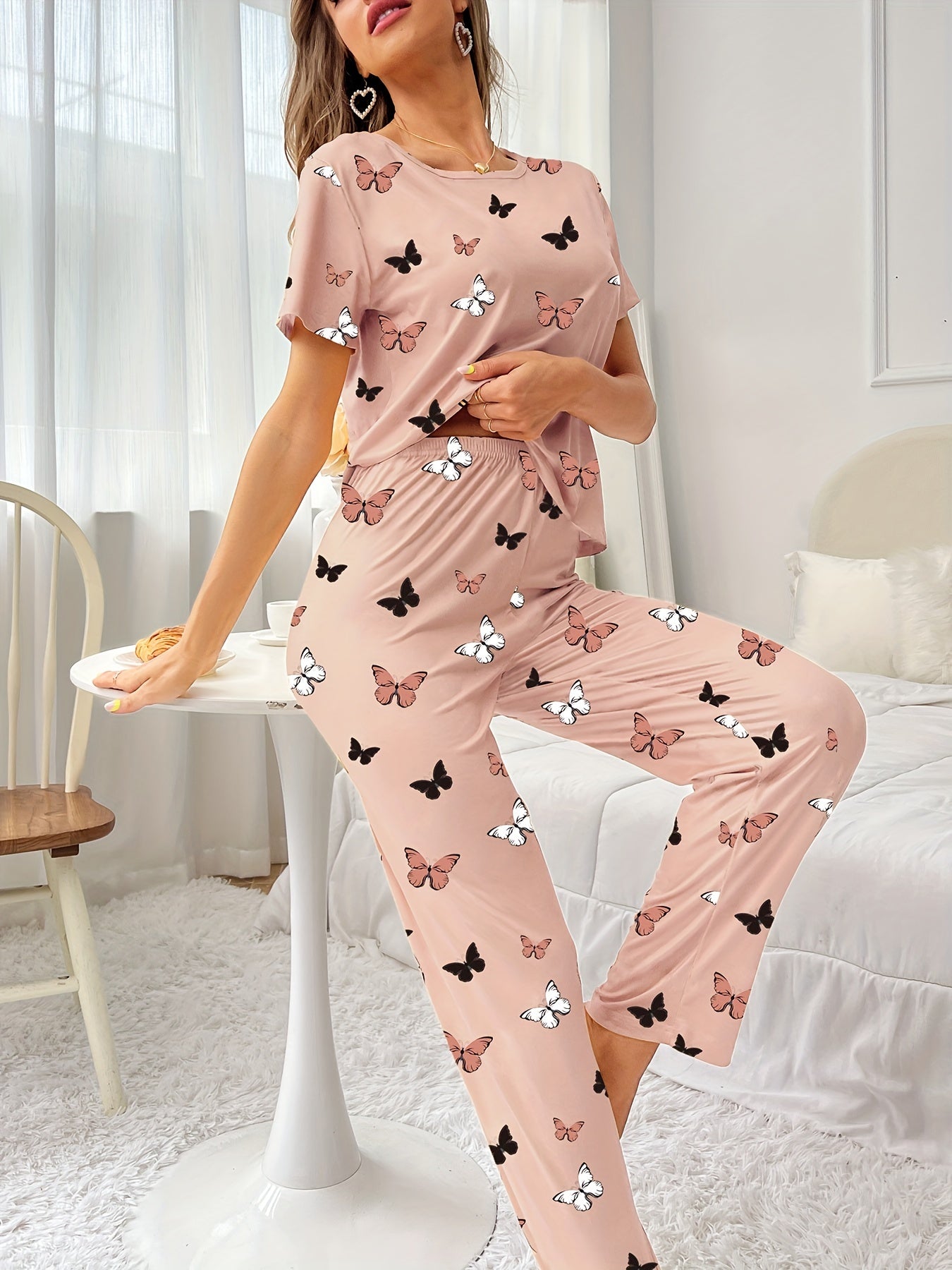 All-Season Chic Butterfly Lounge Set: Flame-Resistant, Comfort-Fit Women's Pajamas with Easy Maintenance