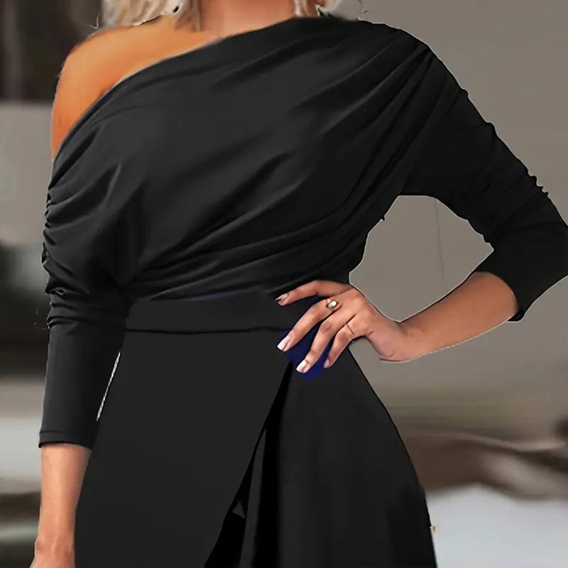 Women's Elegant One-Shoulder Jumpsuit With Long Sleeves & Pants Slit Pleated Waist Formal & Party For Spring&Summer