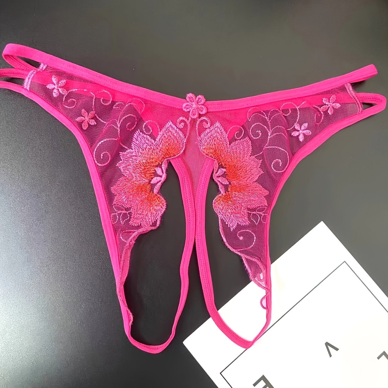 Delicate Floral Embroidered Mesh Thong Lingerie - Seductive Open Crotch & Ultra-Sheer Design - Breathable Womens Intimate Wear for Special Occasions