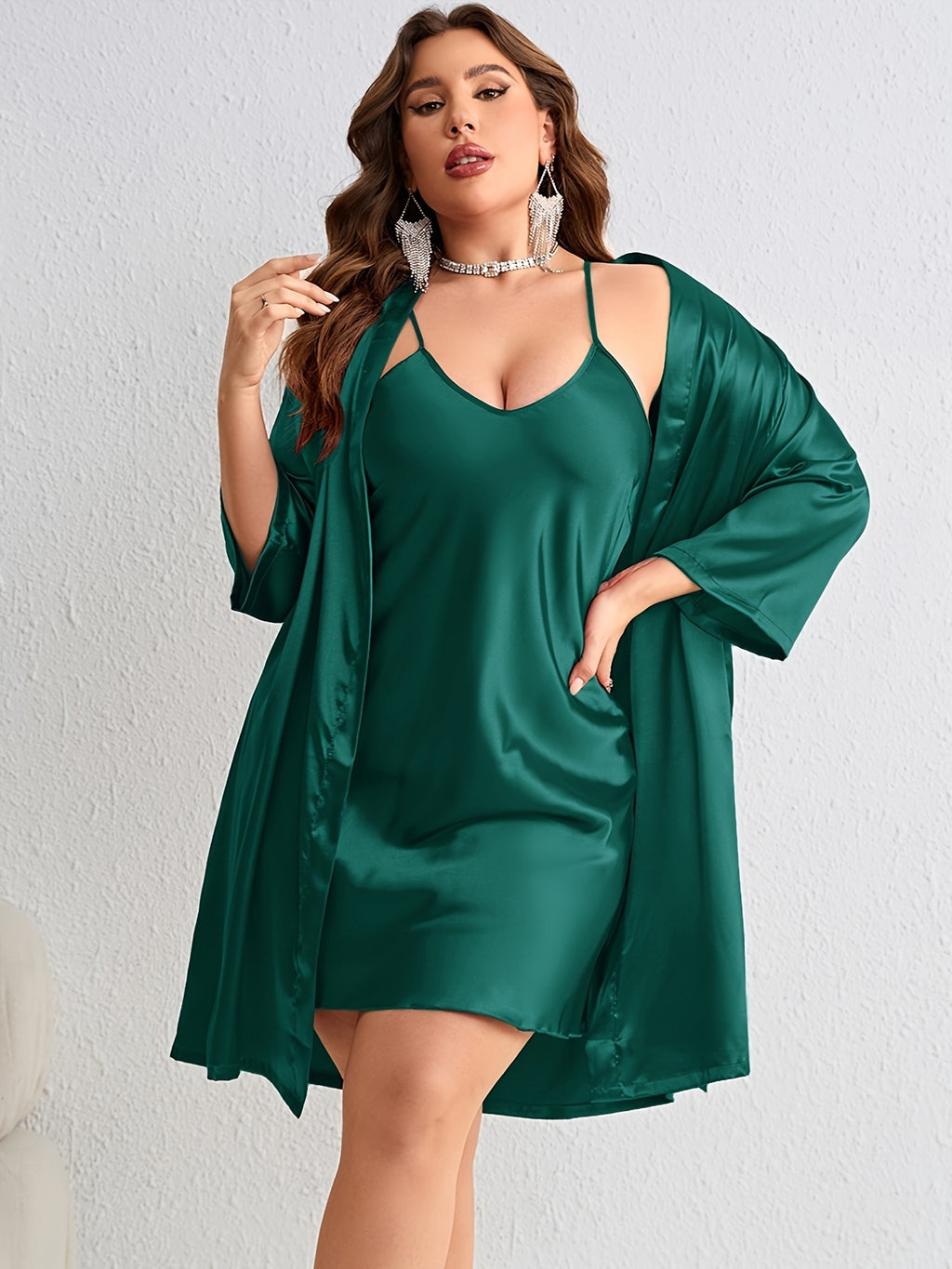 Plus Size Sexy Bathrobe Set, Women's Plus Satin Long Sleeve Open Front Belted Kimono Robe & V Neck Crisscross Back Cami Dress Pajamas Two Piece Set