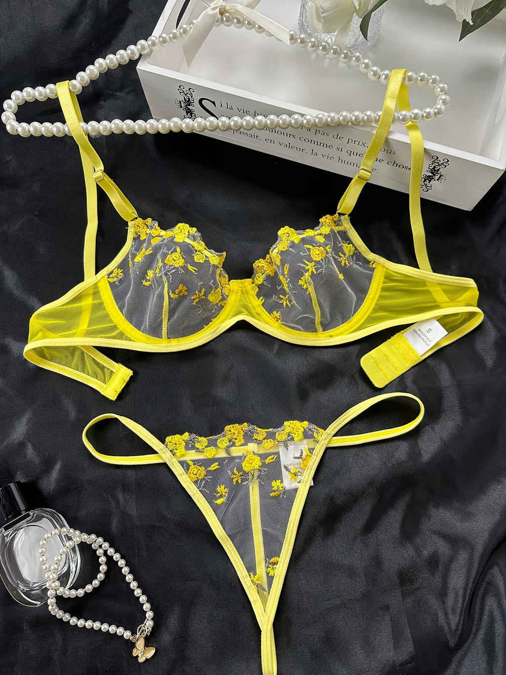Romantic Floral Embroidered Lingerie Set - Lightweight Sheer Bra & Seductive Mesh Thong - Unlined, Feminine & Sexy Underwear for Women