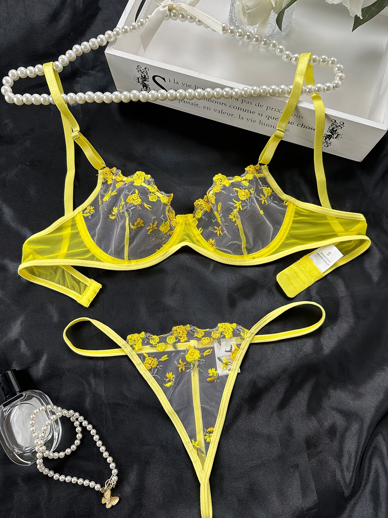 Romantic Floral Embroidered Lingerie Set - Lightweight Sheer Bra & Seductive Mesh Thong - Unlined, Feminine & Sexy Underwear for Women