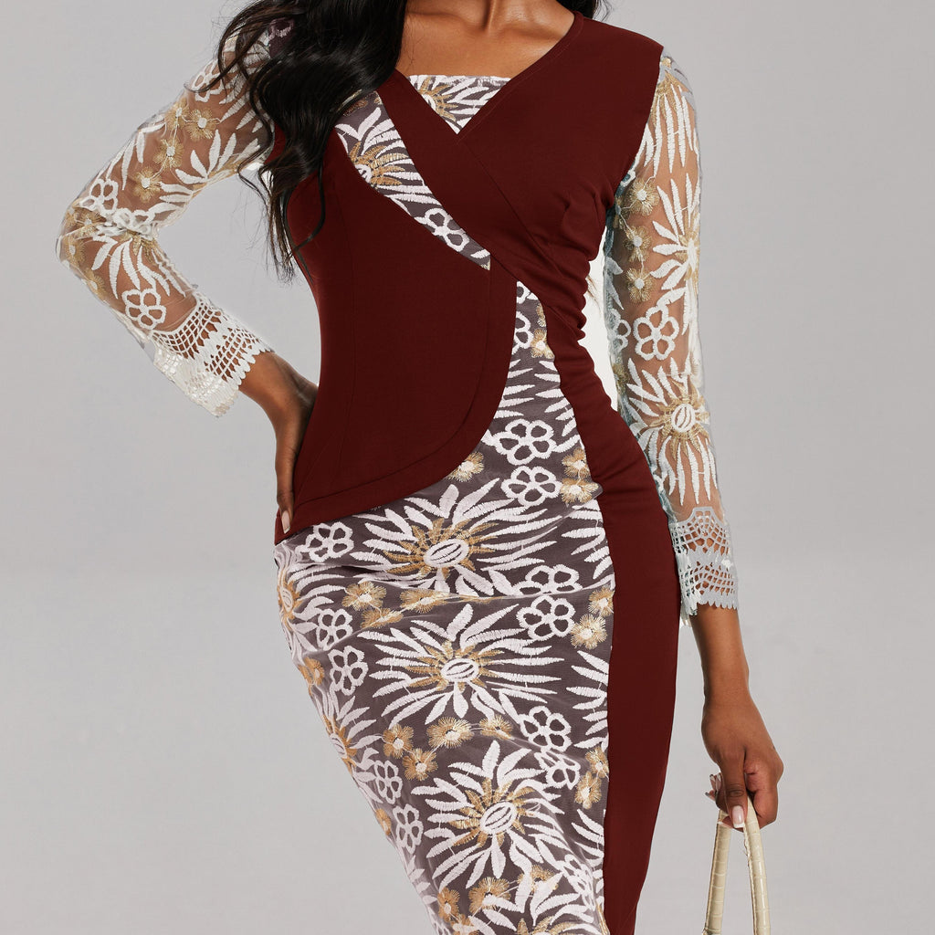 3/4 Sleeve V Neck Dress, Elegant Bodycon Slim Waist Midi Dress, Women's Clothing