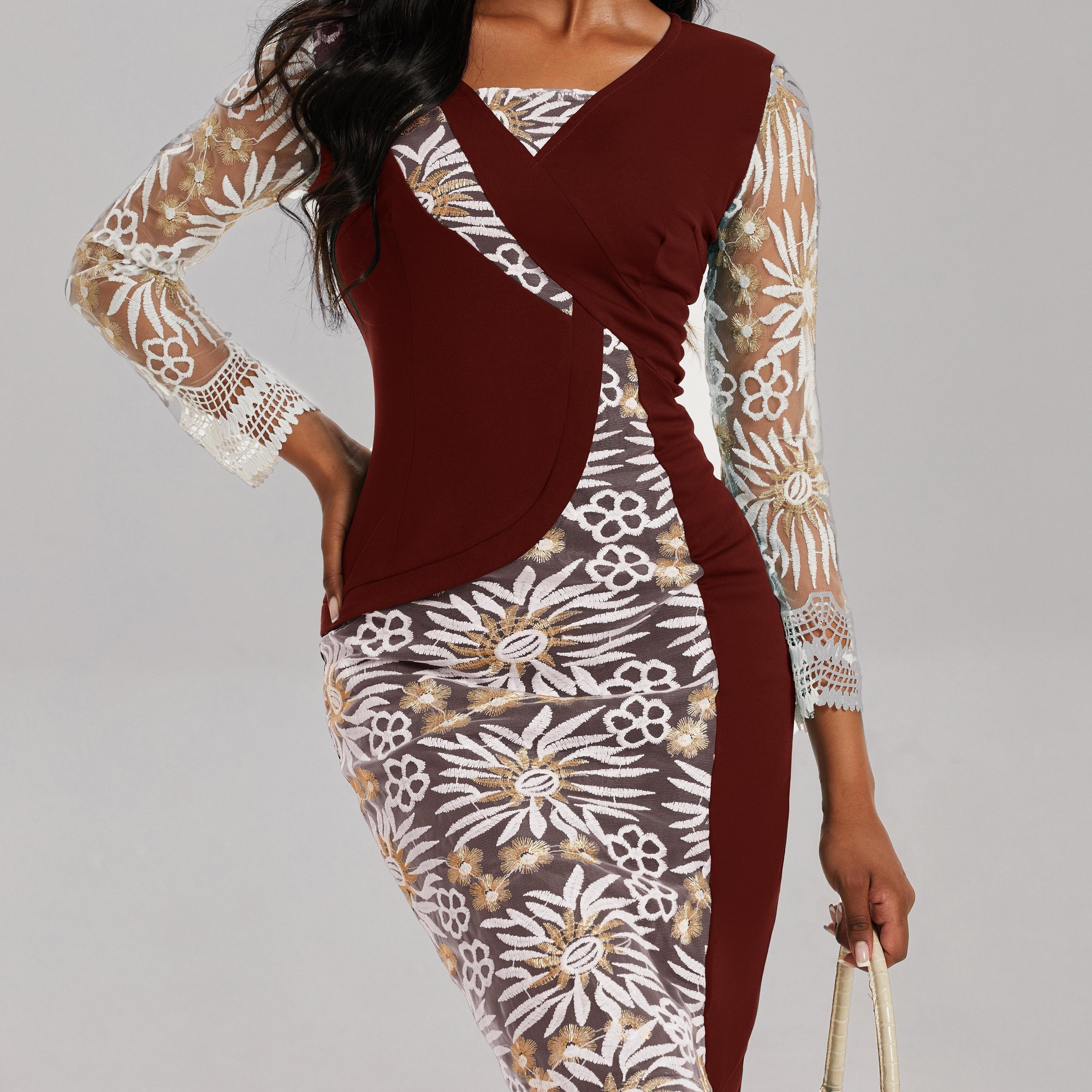 3/4 Sleeve V Neck Dress, Elegant Bodycon Slim Waist Midi Dress, Women's Clothing