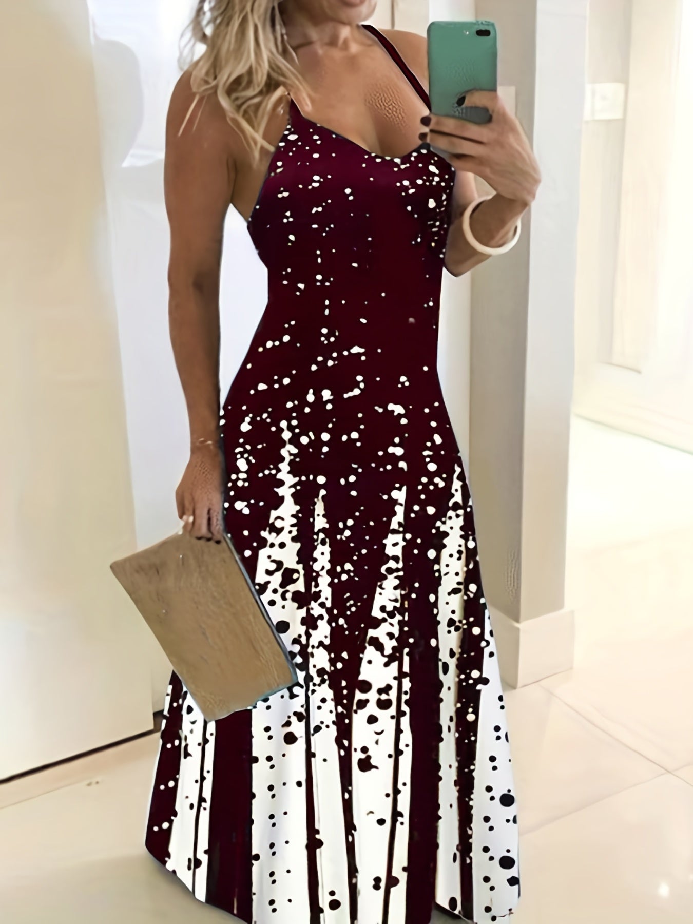 Elegant Summer Midi Dress: V-Neck, Sleeveless, Slim Waist, Color Block & Geometric Pattern for Stylish Women