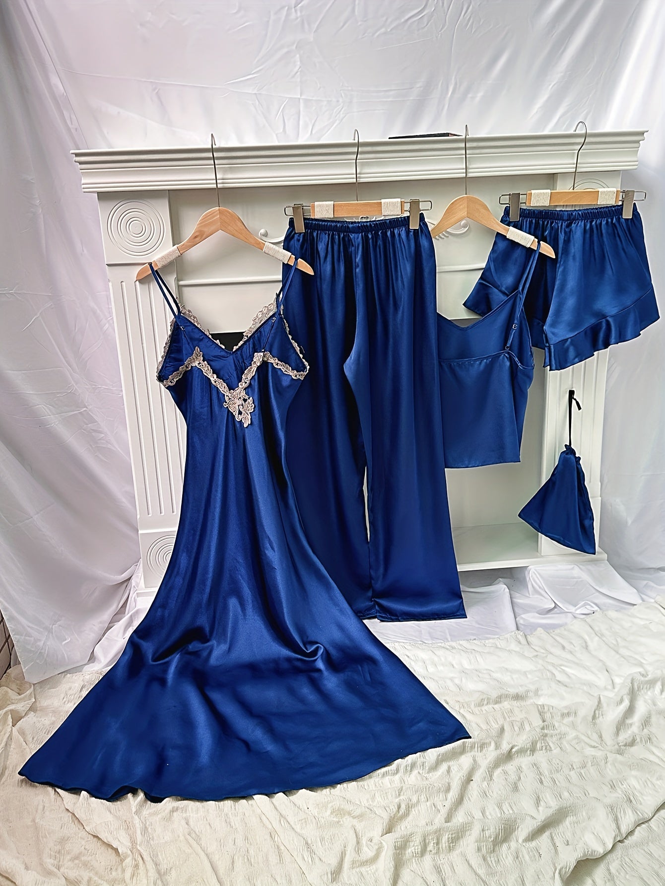 Elegant 5-Piece Women’s Satin Sleep Set: V-Neck, Lace Detail, All-Season Loungewear & Pajamas