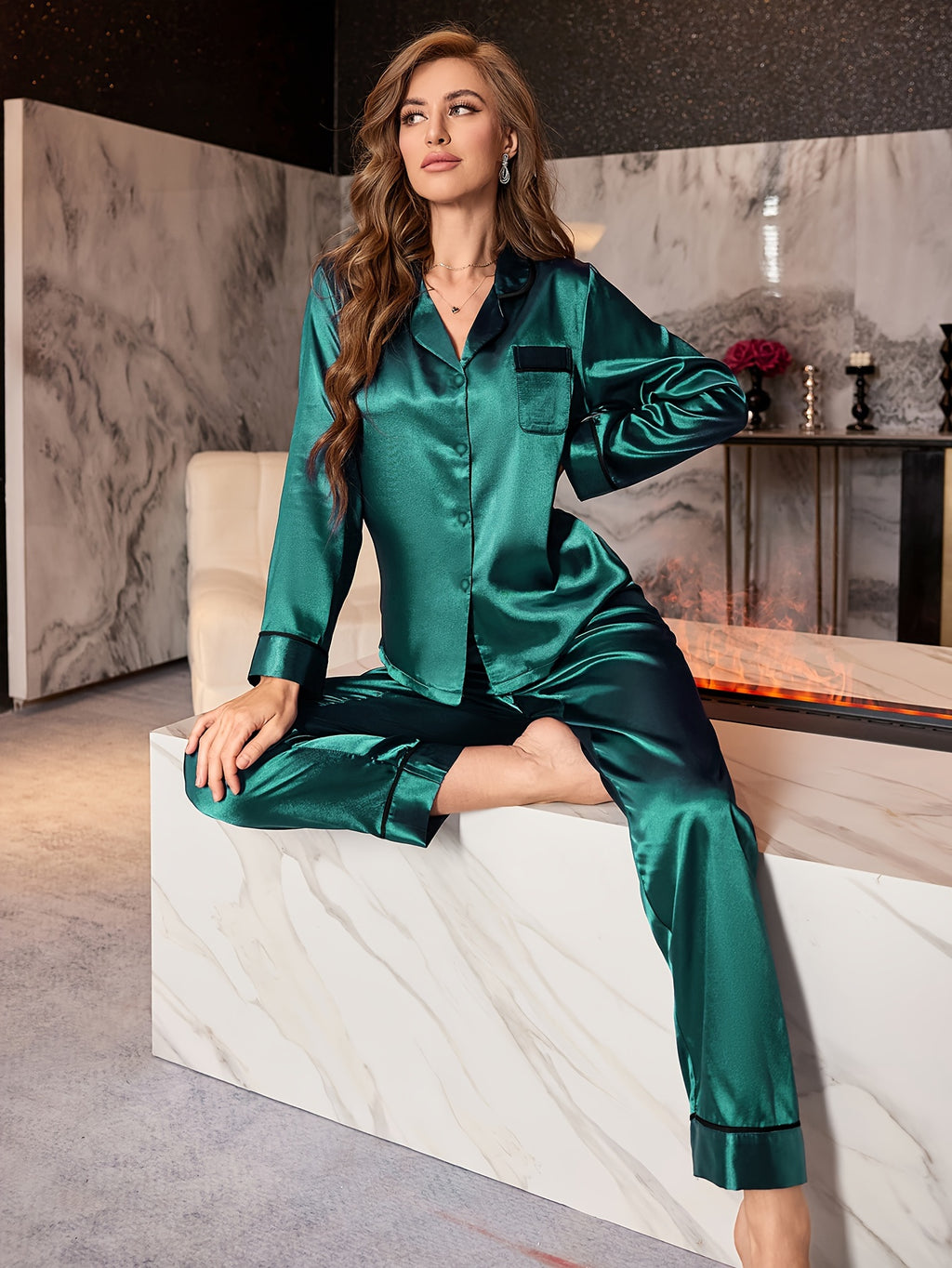 Elegant & Luxurious Women's Satin Pajama Set: Micro-Elastic, All-Season Pajamas with Lapel Collar, Pockets, and Elastic Waist Pants – Ultimate Comfort & Style