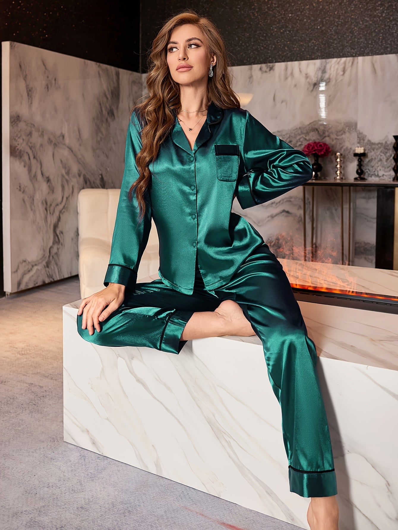 Elegant & Luxurious Women's Satin Pajama Set: Micro-Elastic, All-Season Pajamas with Lapel Collar, Pockets, and Elastic Waist Pants – Ultimate Comfort & Style