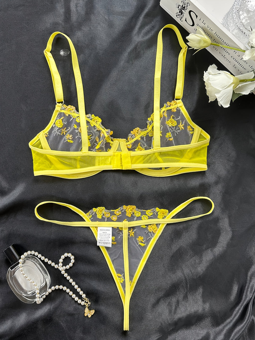 Romantic Floral Embroidered Lingerie Set - Lightweight Sheer Bra & Seductive Mesh Thong - Unlined, Feminine & Sexy Underwear for Women