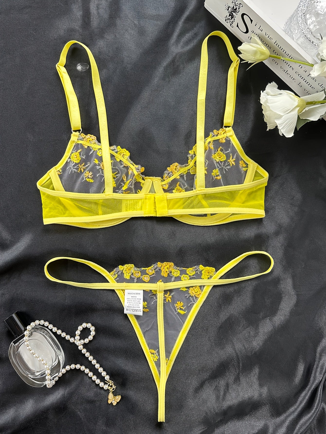 Romantic Floral Embroidered Lingerie Set - Lightweight Sheer Bra & Seductive Mesh Thong - Unlined, Feminine & Sexy Underwear for Women