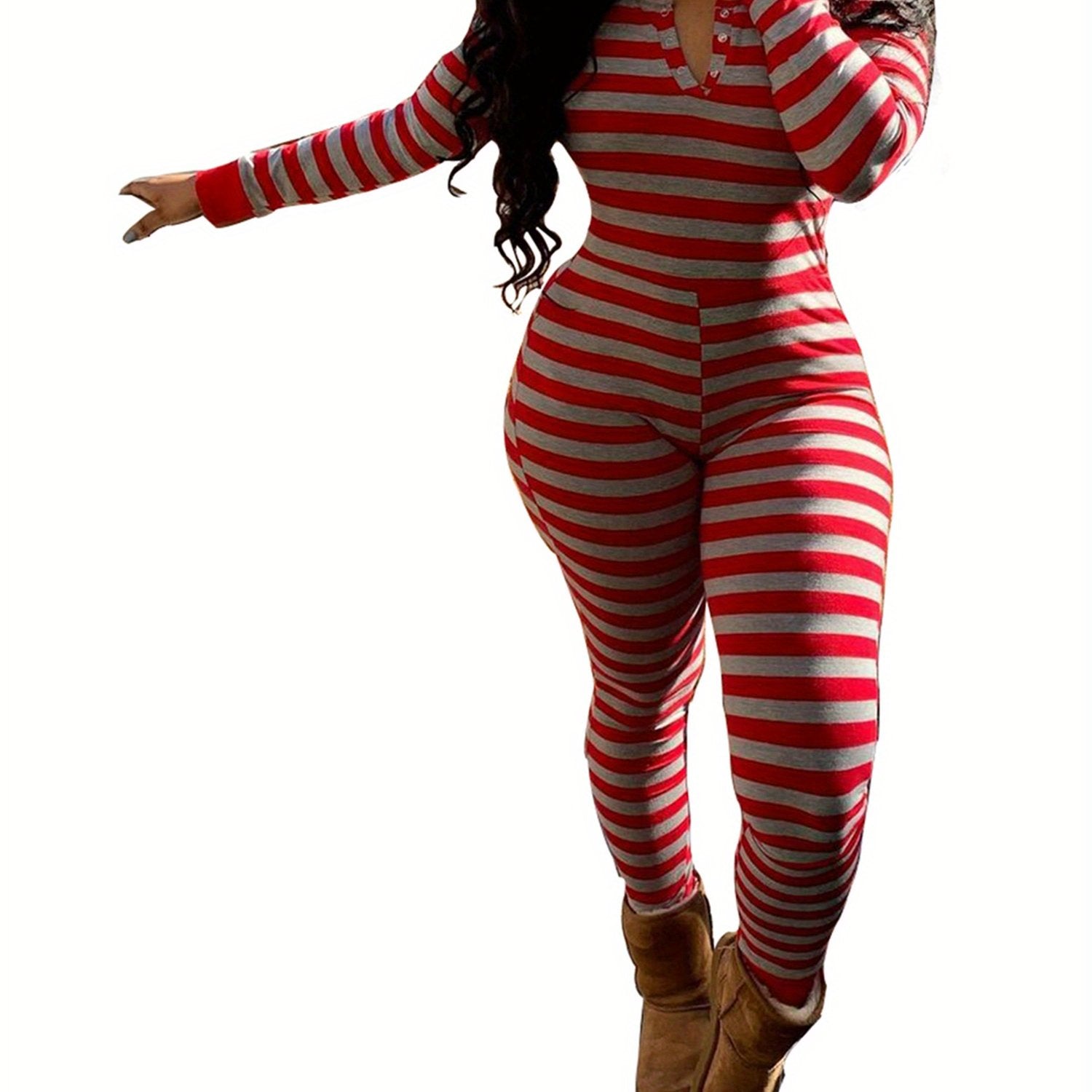 Luxurious Deep V Neck One Piece Bodycon Jumpsuits - Soft Long Sleeve Pajamas Pants with Flap, Comfortable Home Wear Outfit for Women - Cozy Rompers for Relaxation and Leisure