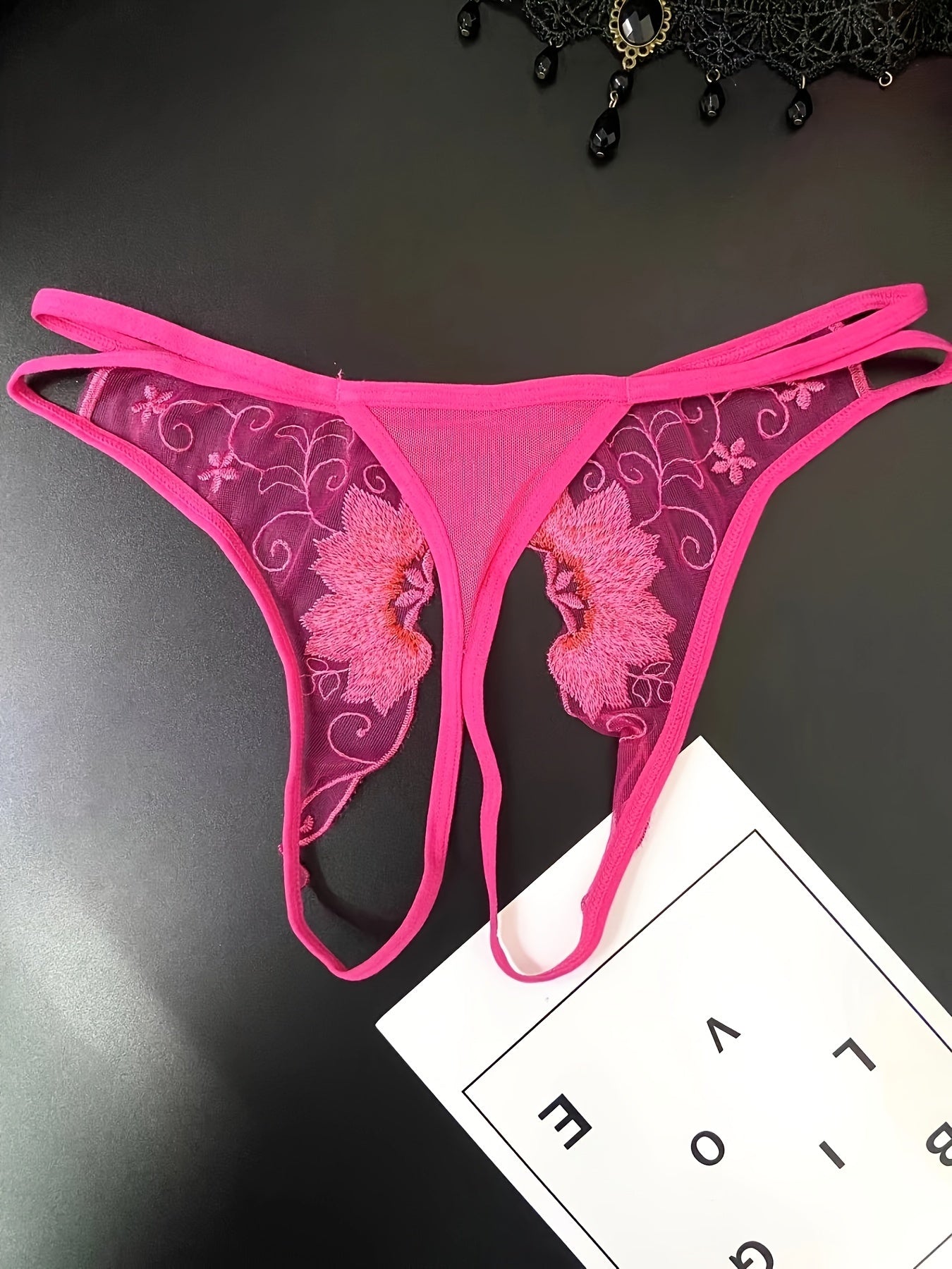 Delicate Floral Embroidered Mesh Thong Lingerie - Seductive Open Crotch & Ultra-Sheer Design - Breathable Womens Intimate Wear for Special Occasions