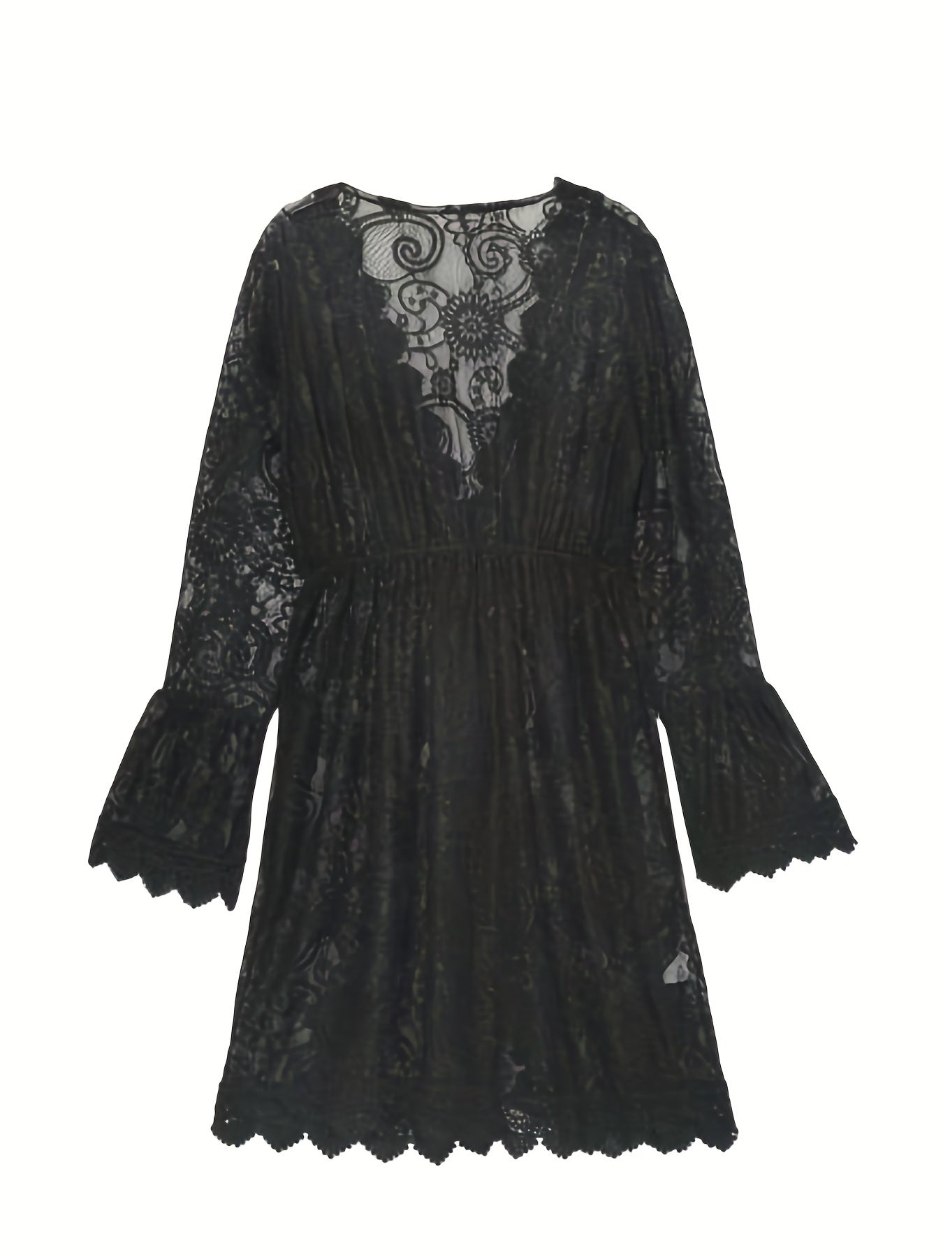 Feminine Lace Scallop Trim Dress - Seductive Plunging V-neck - Flattering Beach Cover Up for Women - Perfect Summer Wardrobe Staple